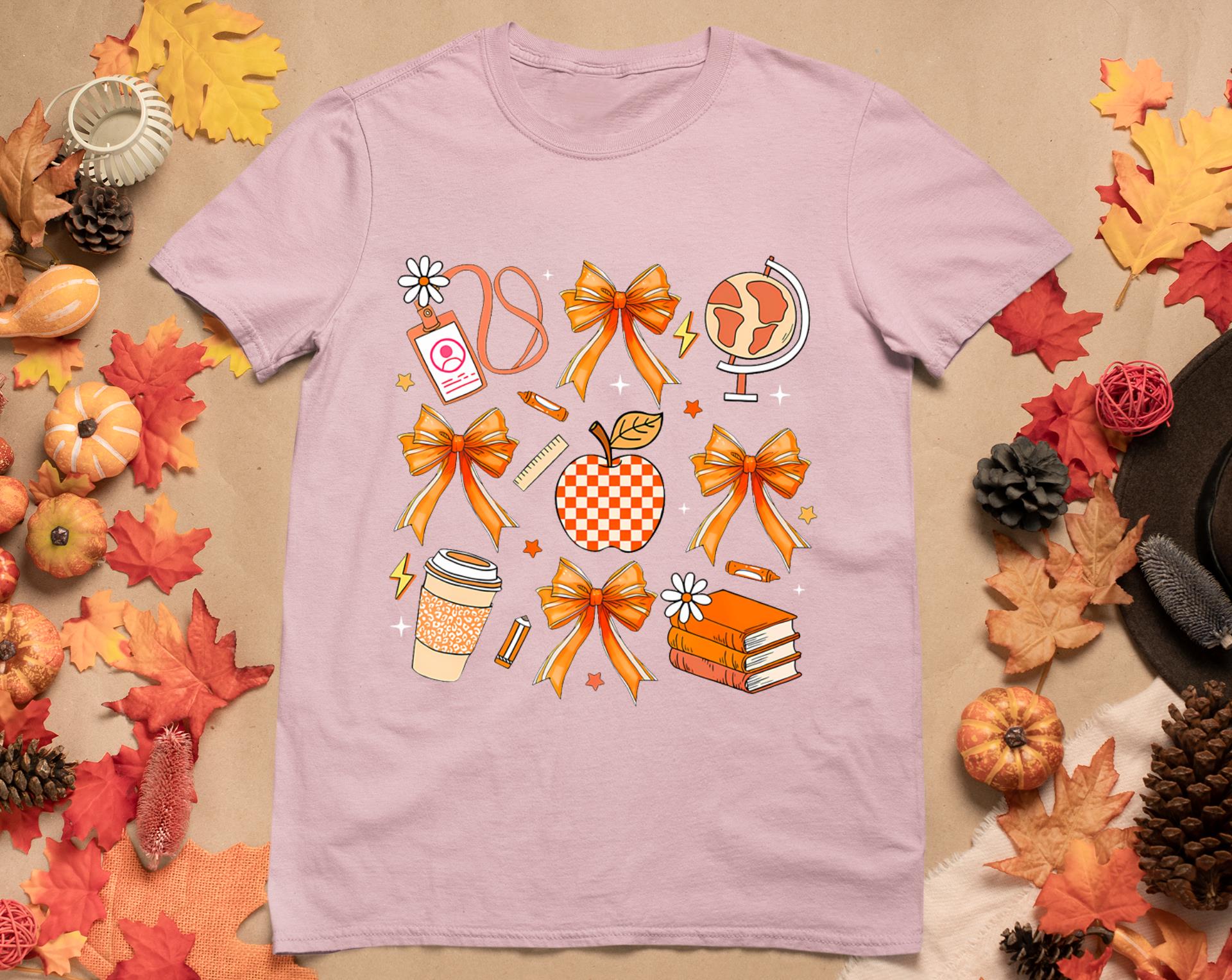 Retro Coquette Bow Teacher Fall Autumn Thanksgiving T-Shirt