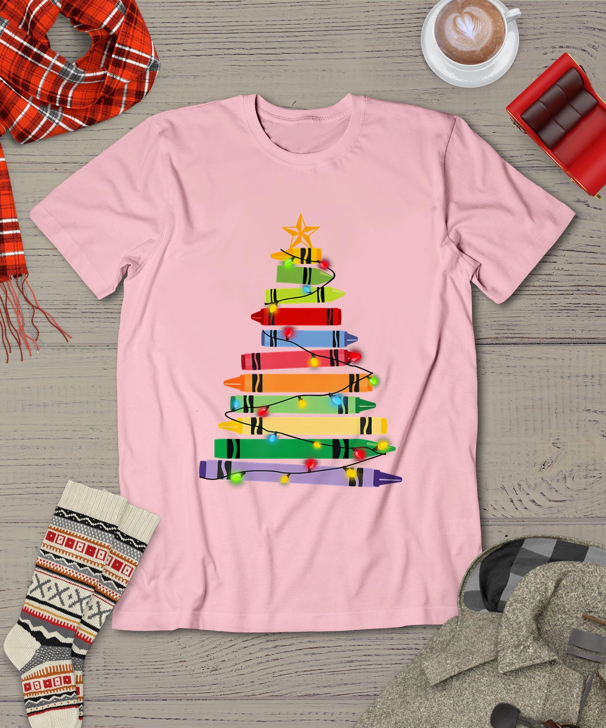 Teacher Christmas Tshirt Crayon Tree Light Gifts Student T-Shirt