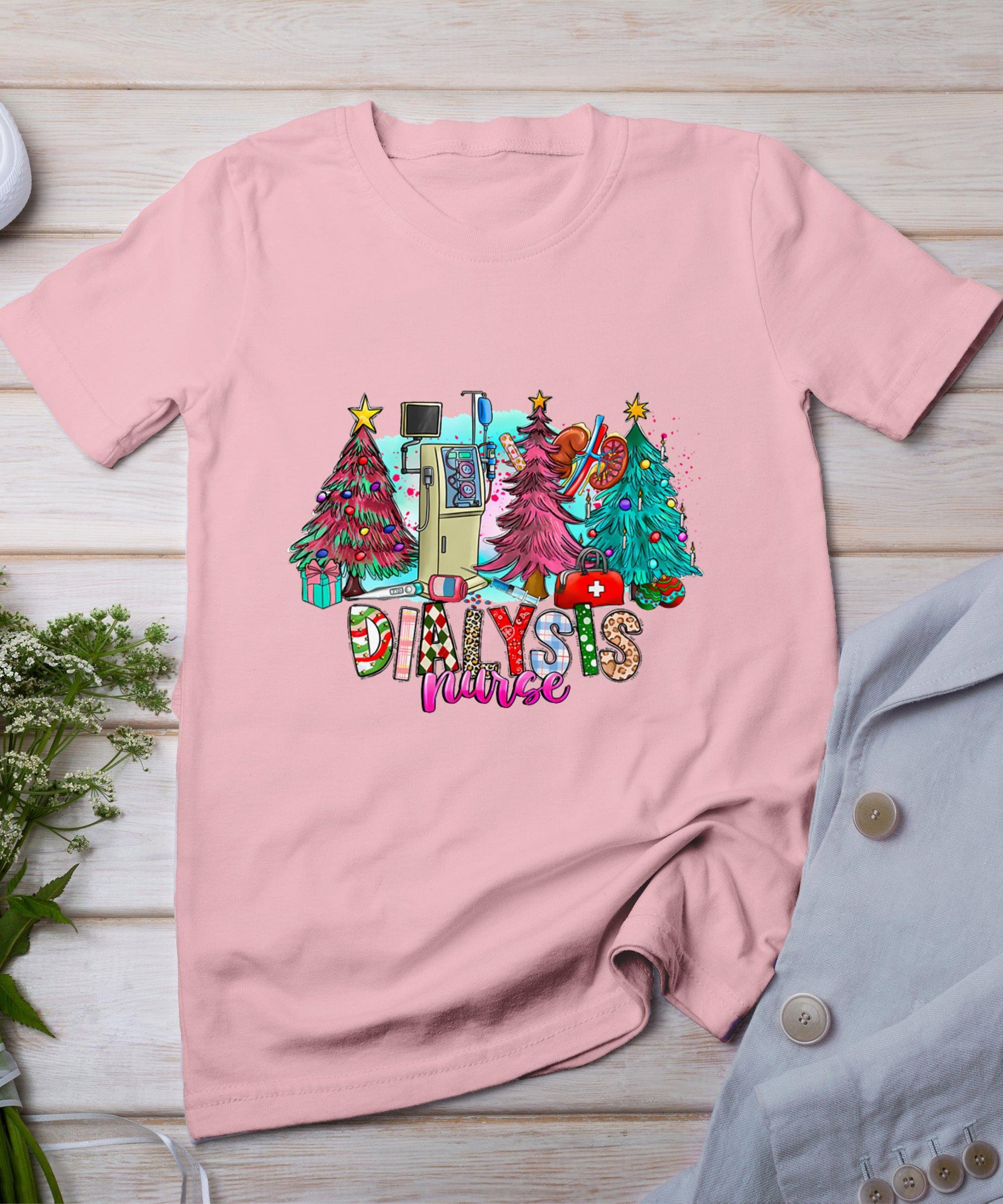 Dialysis Nurse Christmas Xmas Trees Lights Pajamas Pjs Women T-Shirt