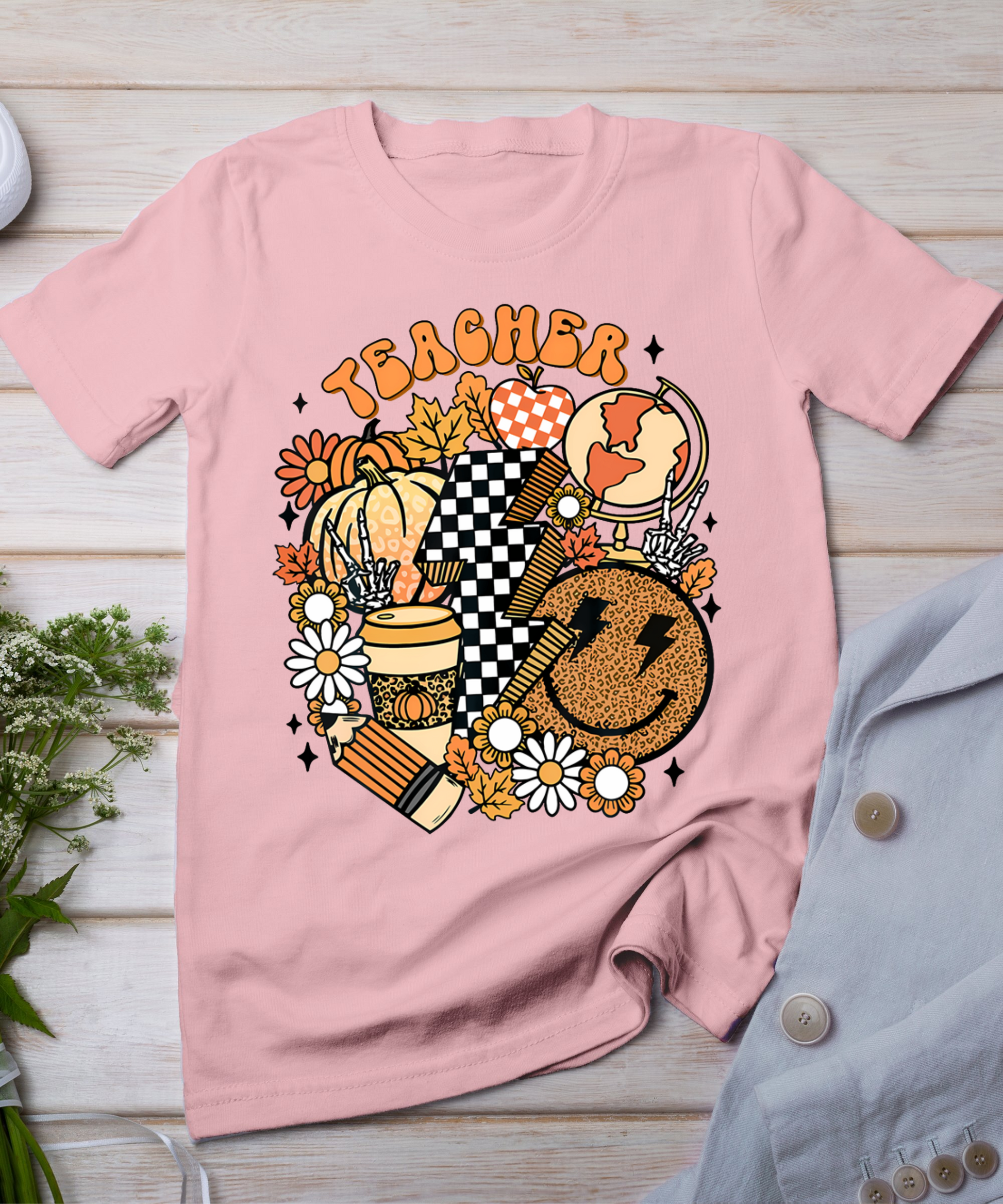 Fall Teacher Retro Teacher Life Autumn Thanksgiving Womens T-Shirt