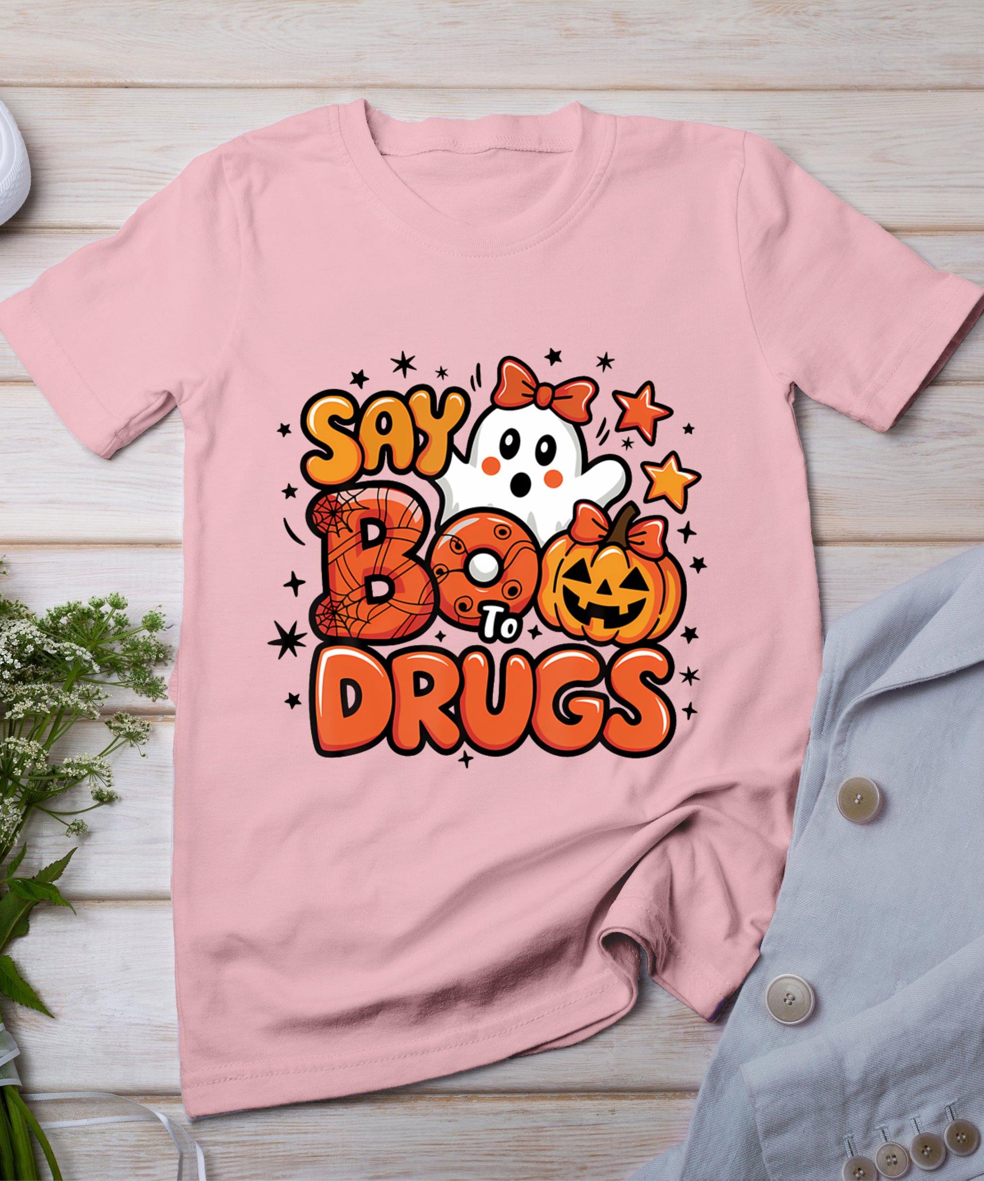 Say Boo Drug-Free Ghost Halloween Red Ribbon Week Awareness T-Shirt