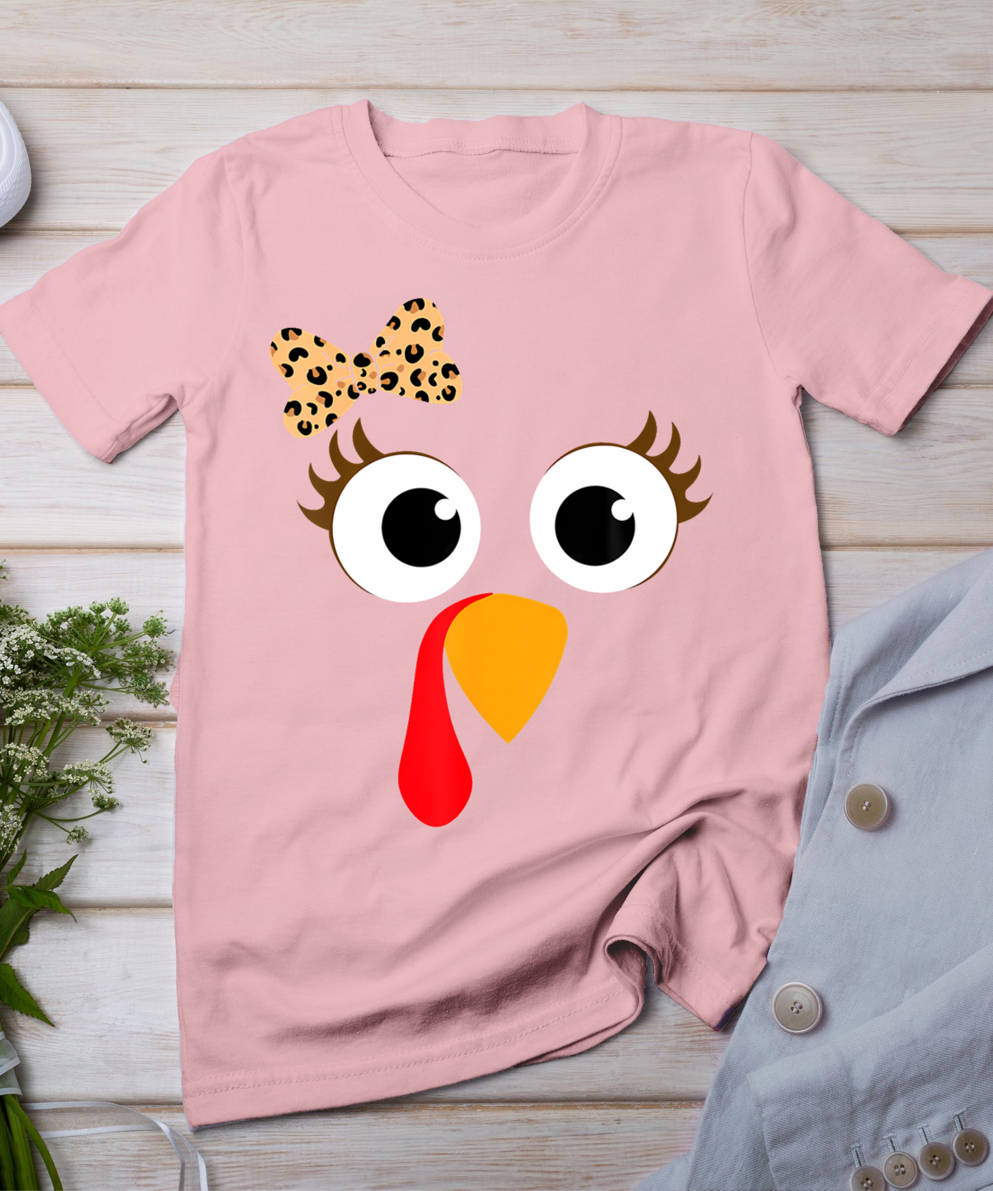 Turkey Face Girl Leopard Bow Thanksgiving Costume Turkey T-Shirt