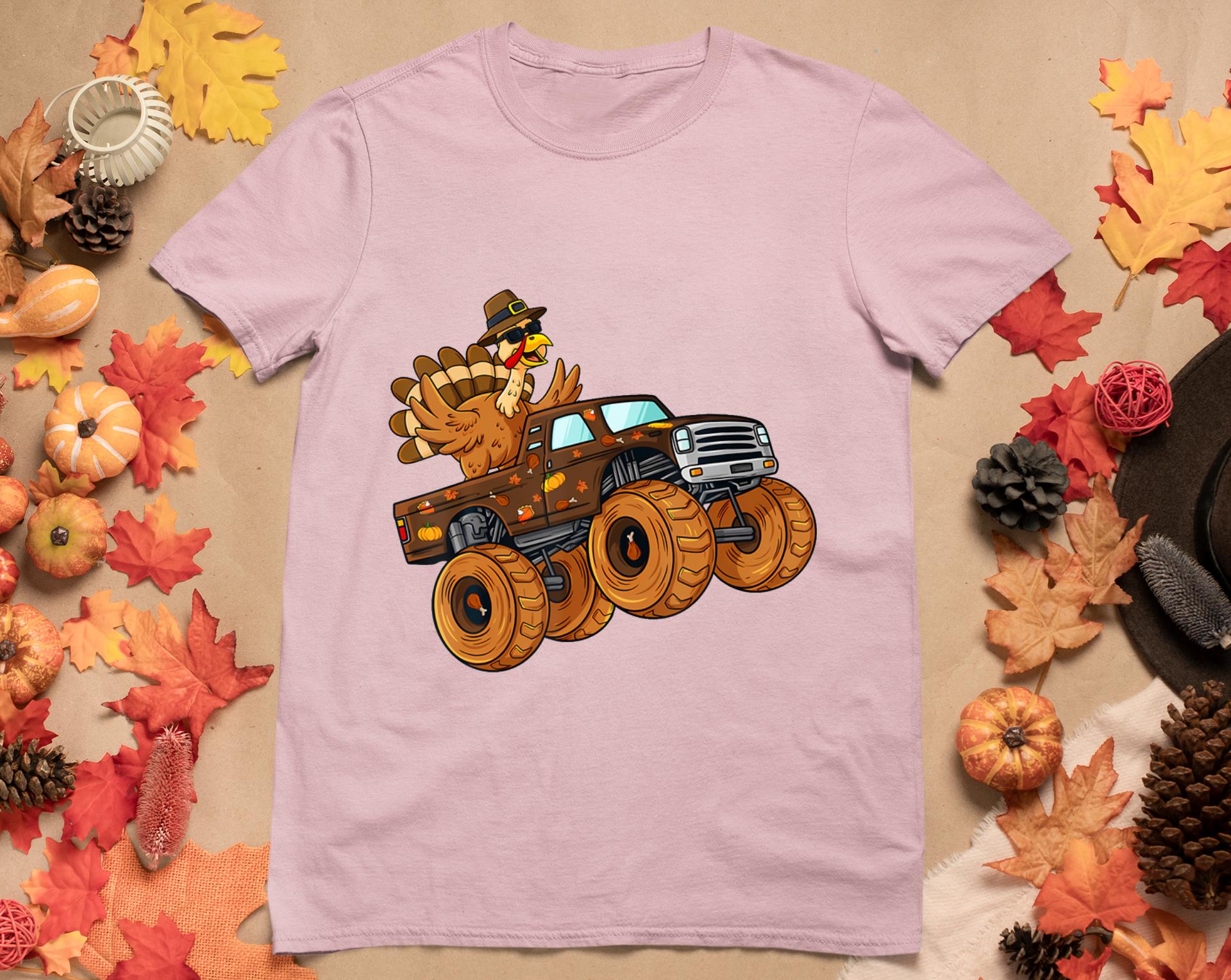 Thanksgiving Turkey Riding Monster Truck Boys Kids T-Shirt