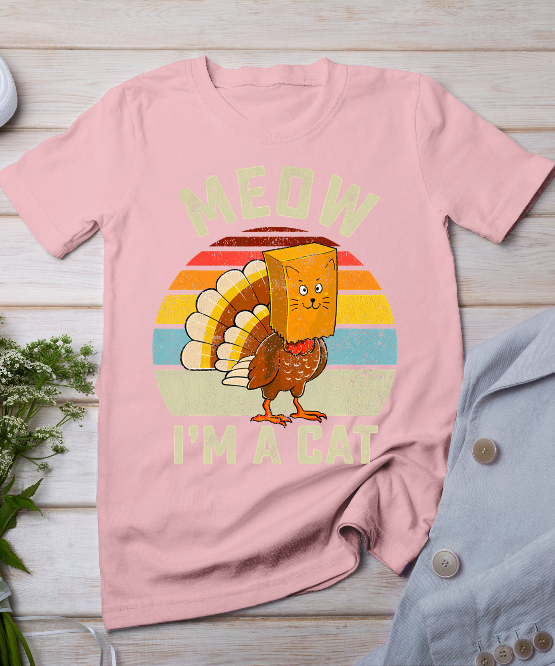 Thanksgiving Funny Turkey Fake Cat Retro Women Men Kids T-Shirt