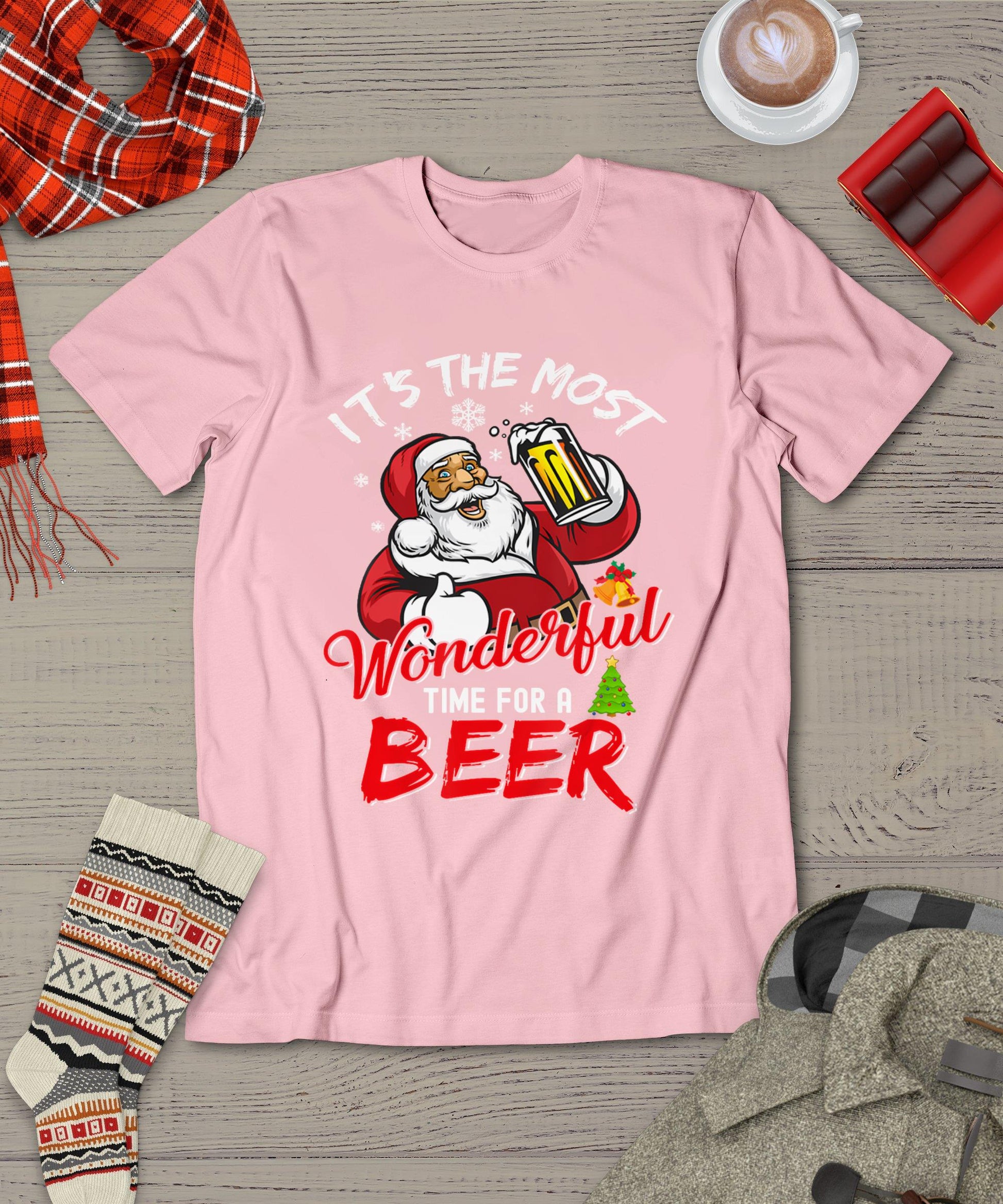 Funny Christmas Santa Claus Drinking Beer Wonderful Time T-Shirt