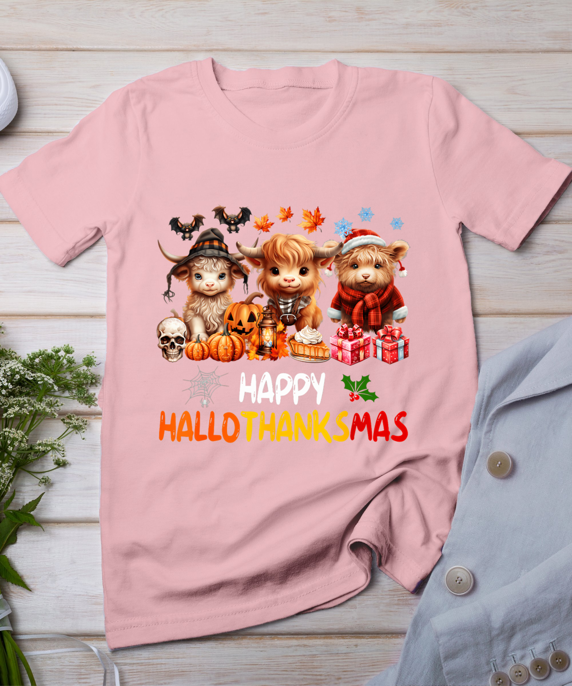 Happy Halloween Thanksgiving Christmas Highland Cow Holiday T-Shirt