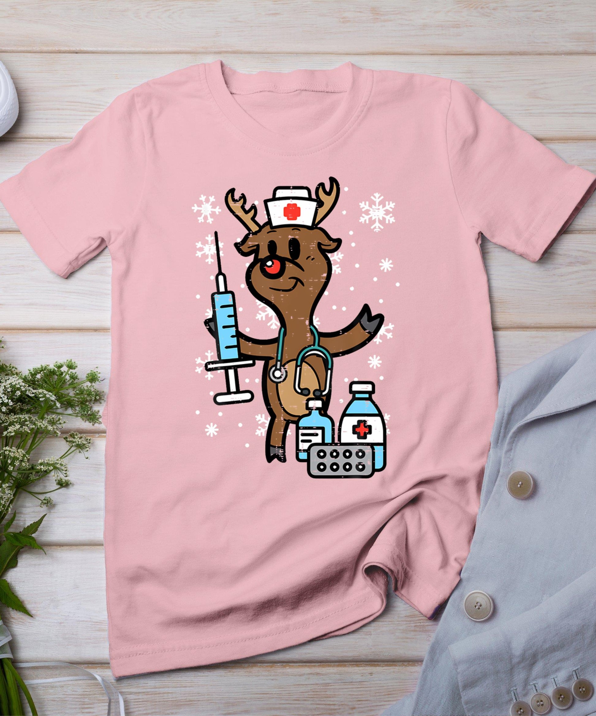 Christmas Nurse Reindeer Funny Xmas Nursing Scrub Top Women T-Shirt