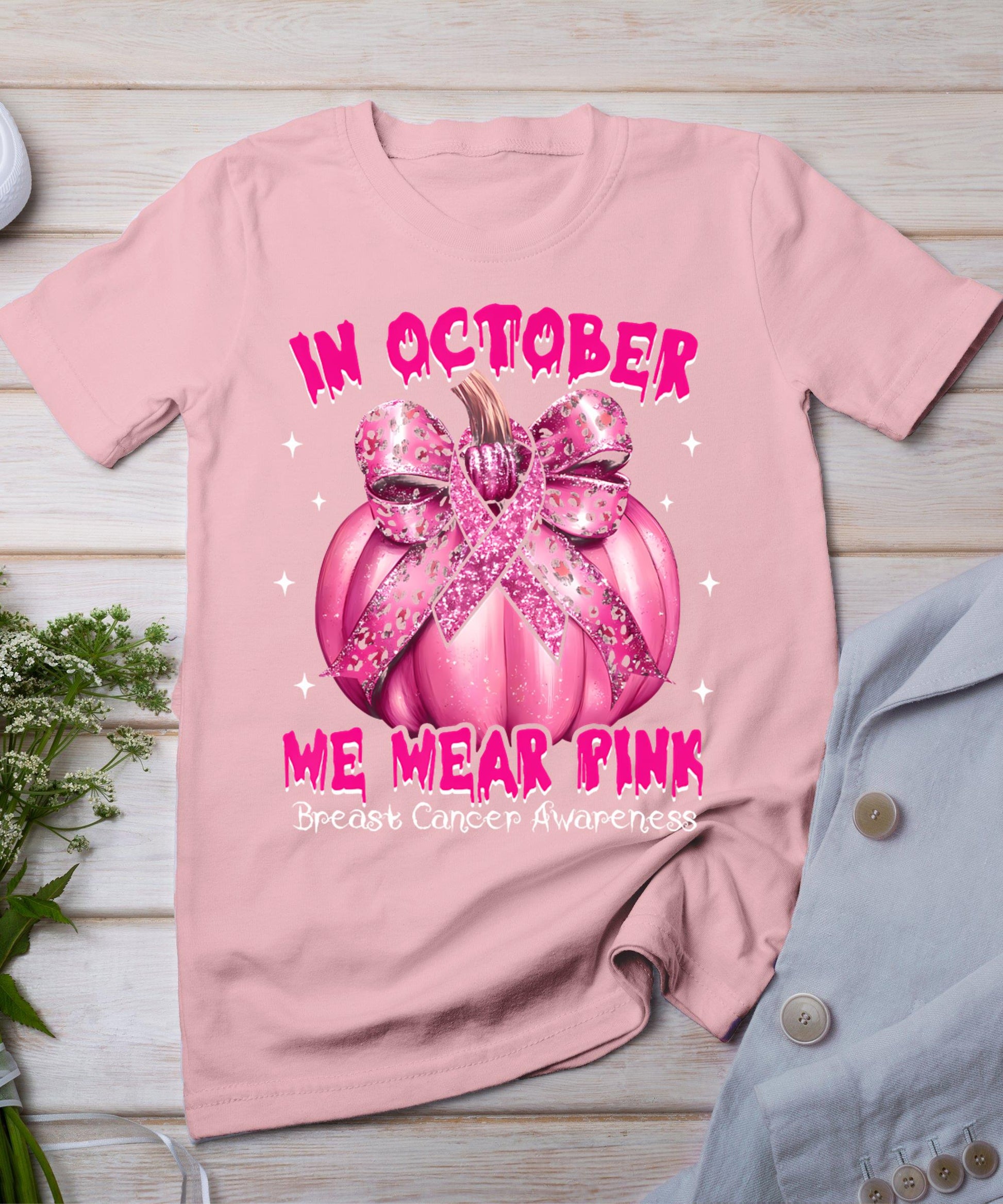 In October We Wear Pink Pumpkin Breast Cancer Awareness Gift T-Shirt