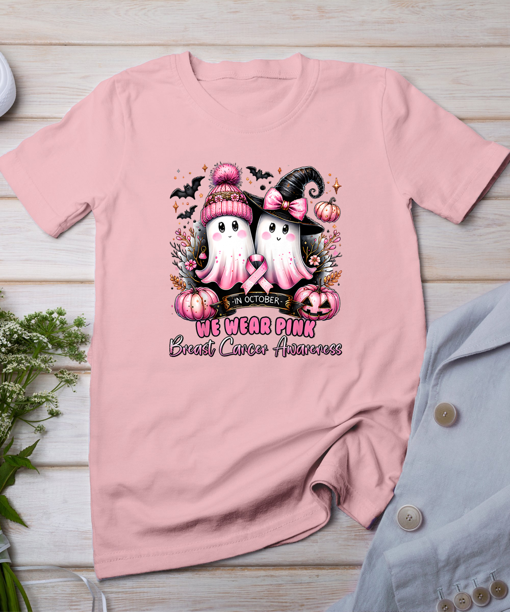 In October We Wear Pink Ghost Witch Breast Cancer Awareness T-Shirt