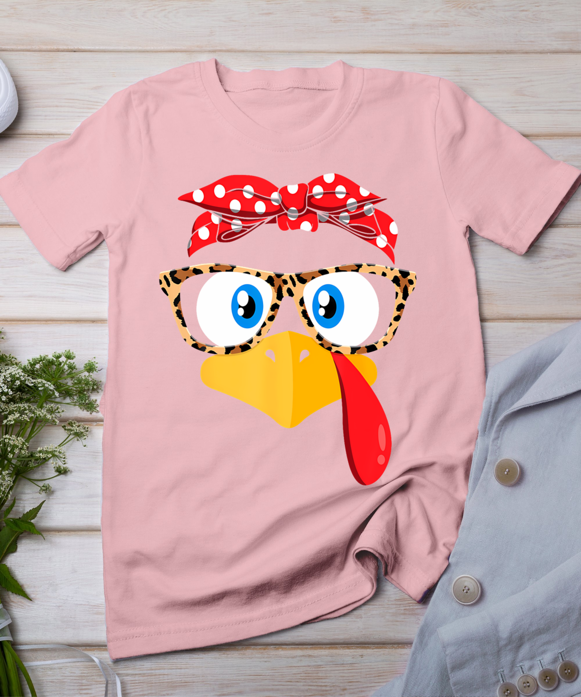 Thanksgiving Turkey Face Leopard Print Glasses Women Girls T-Shirt