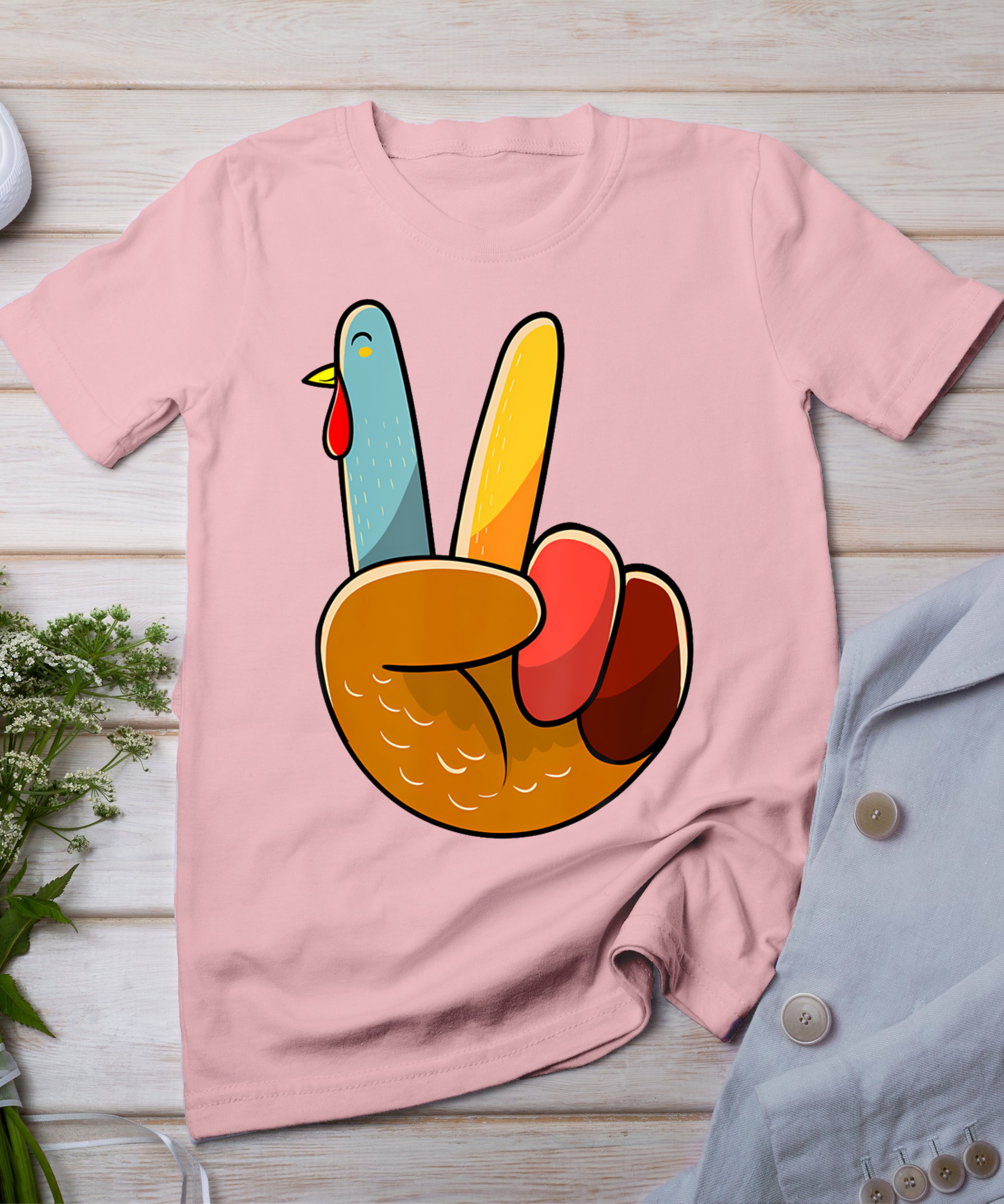 Turkey Peace Hand Sign Thanksgiving Thankful Women Kids Girl T-Shirt