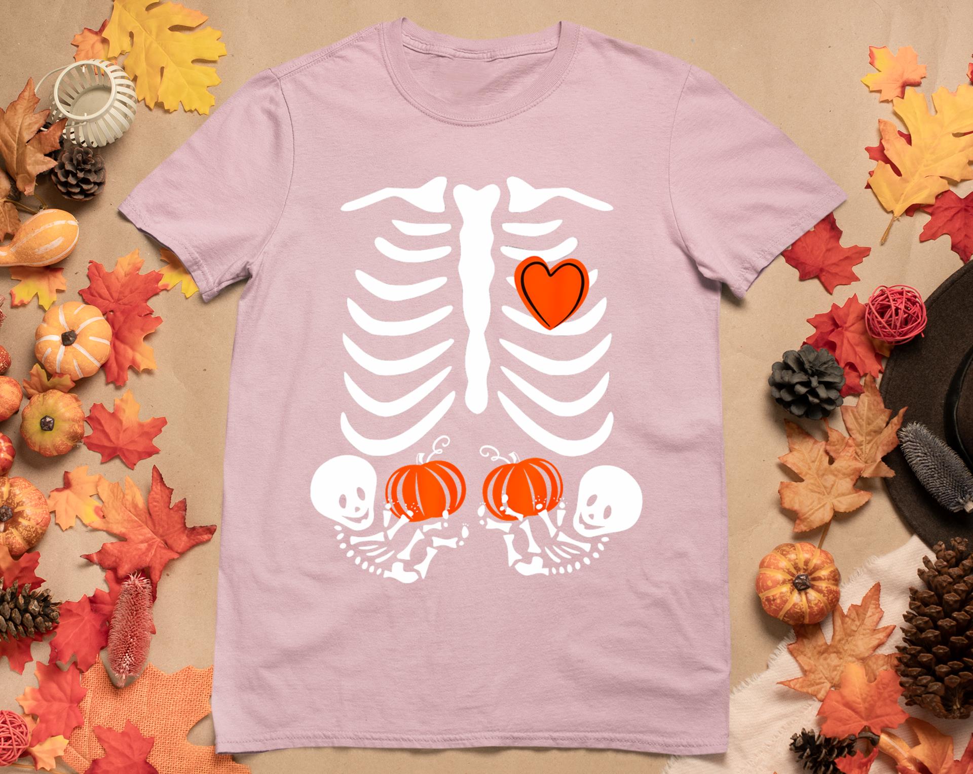 Skeleton Twin Pregnancy Announcement Halloween Pregnant Mom T-Shirt