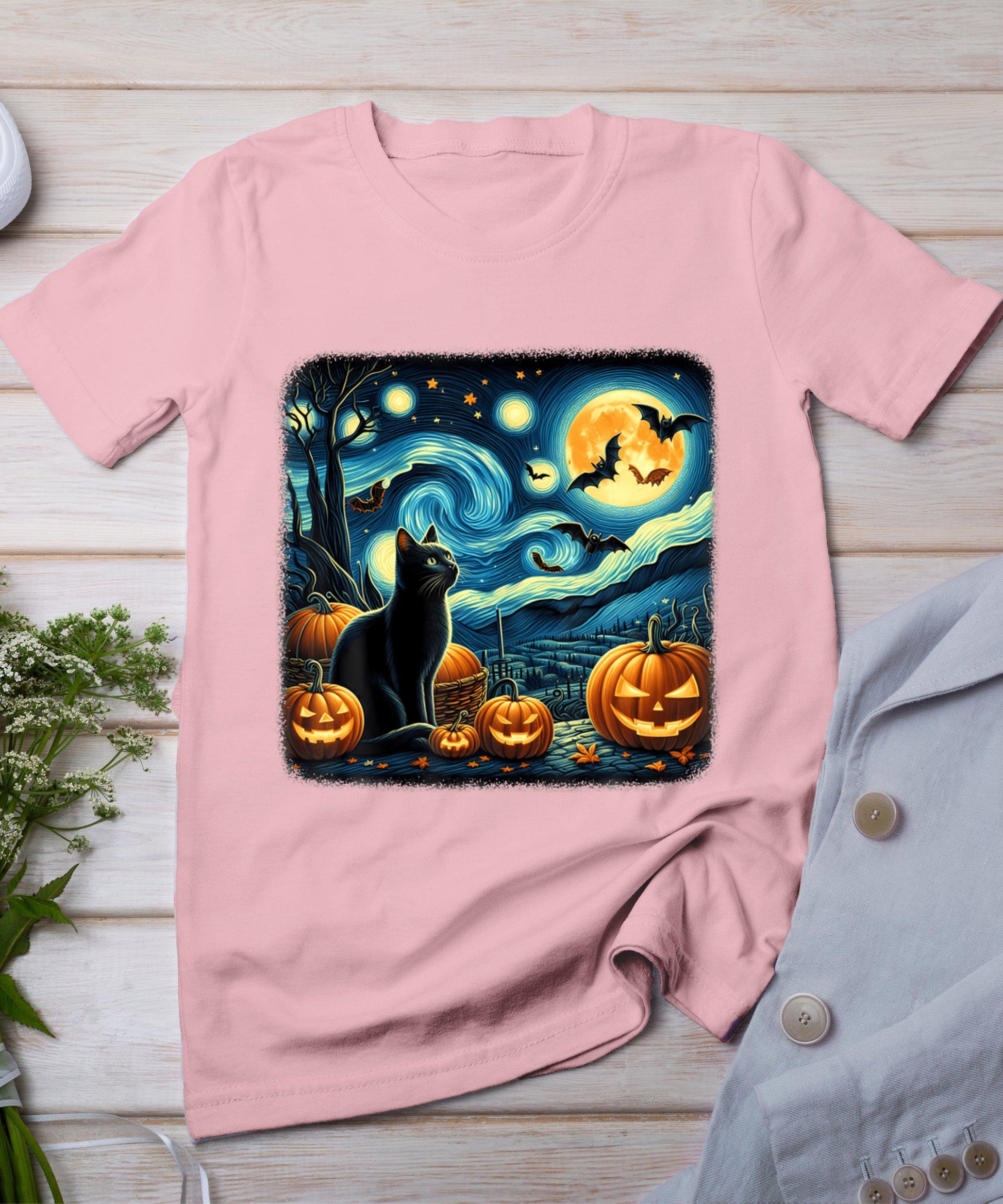 Van Gogh Starry Night Black Cat Halloween Pumpkin Cat Lover T-Shirt