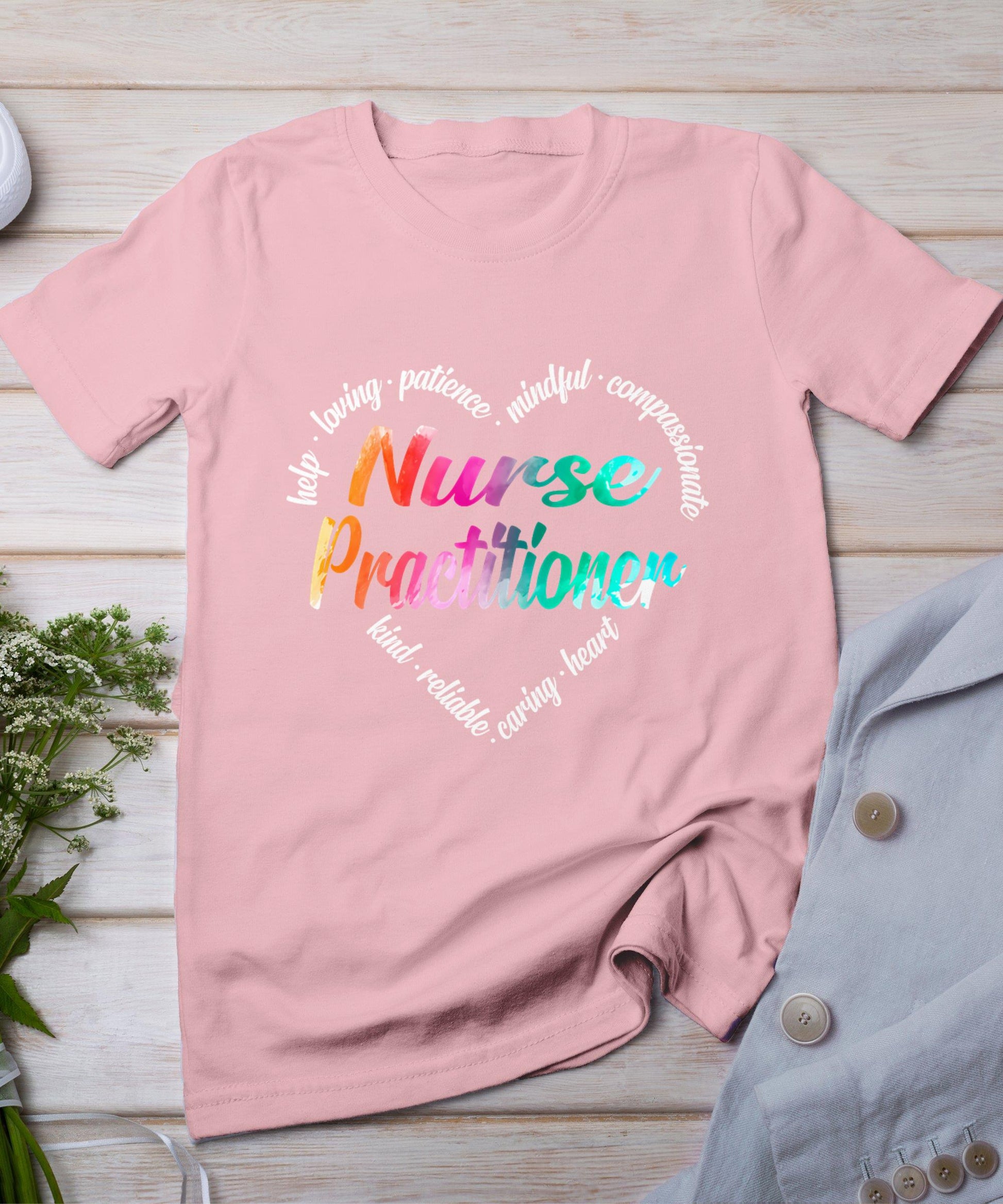 Nurse Practitioner Heart Word Cloud Watercolor Rainbow T-Shirt