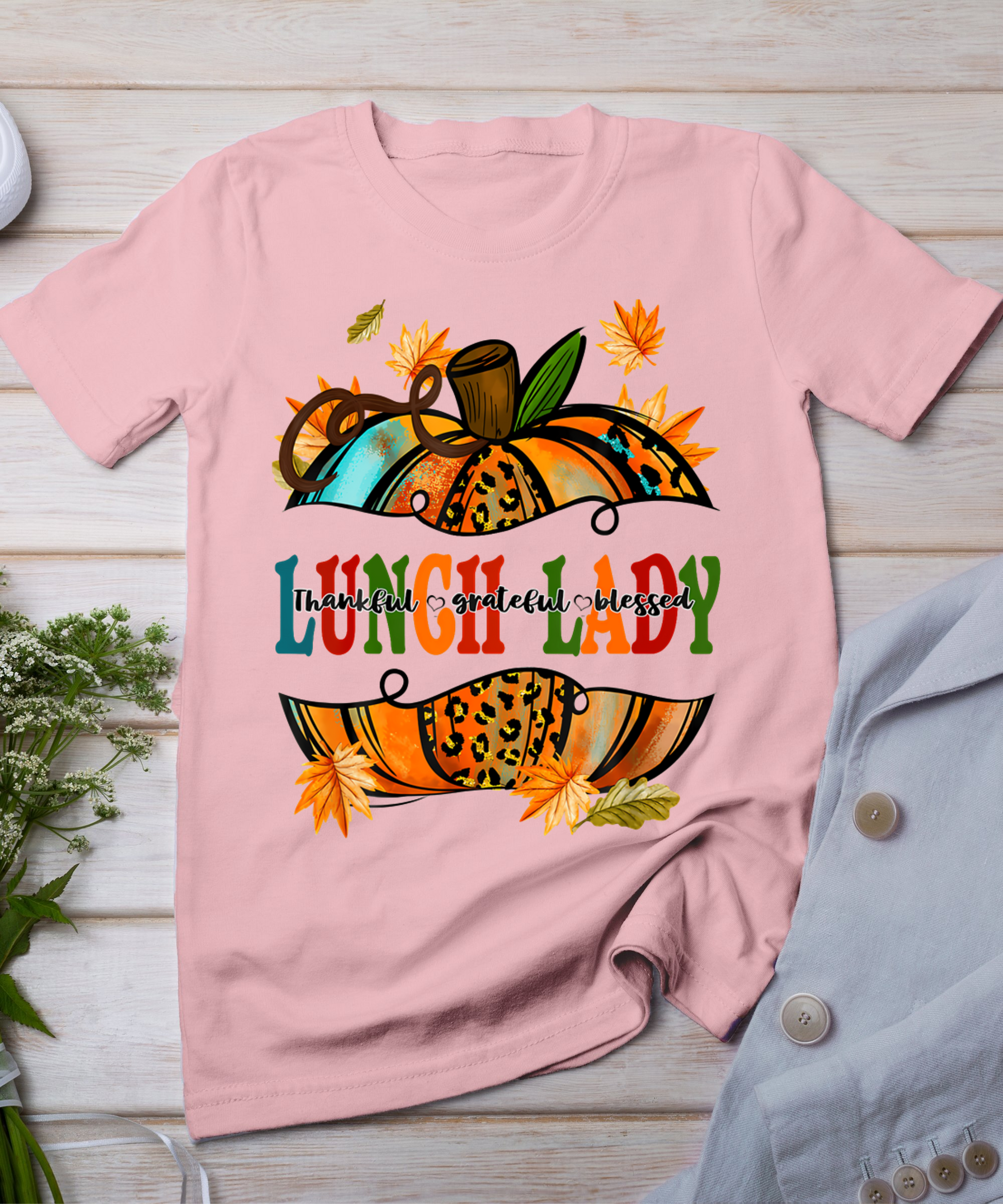 Leopard Pumpkin Fall Autumn Thanksgiving Lunch Lady Women T-Shirt