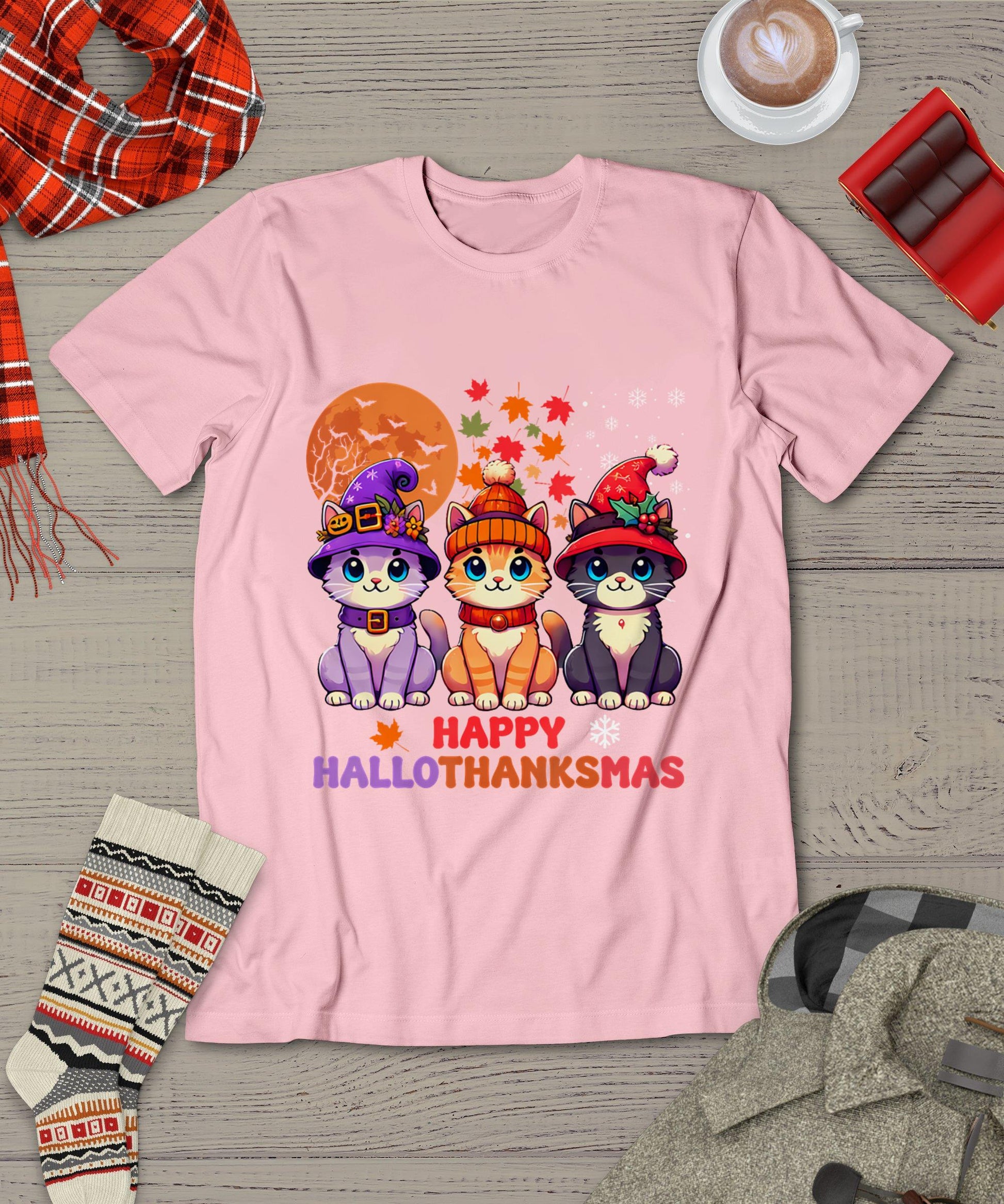 Halloween Thanksgiving Christmas Happy Hallothanksmas Cats T-Shirt