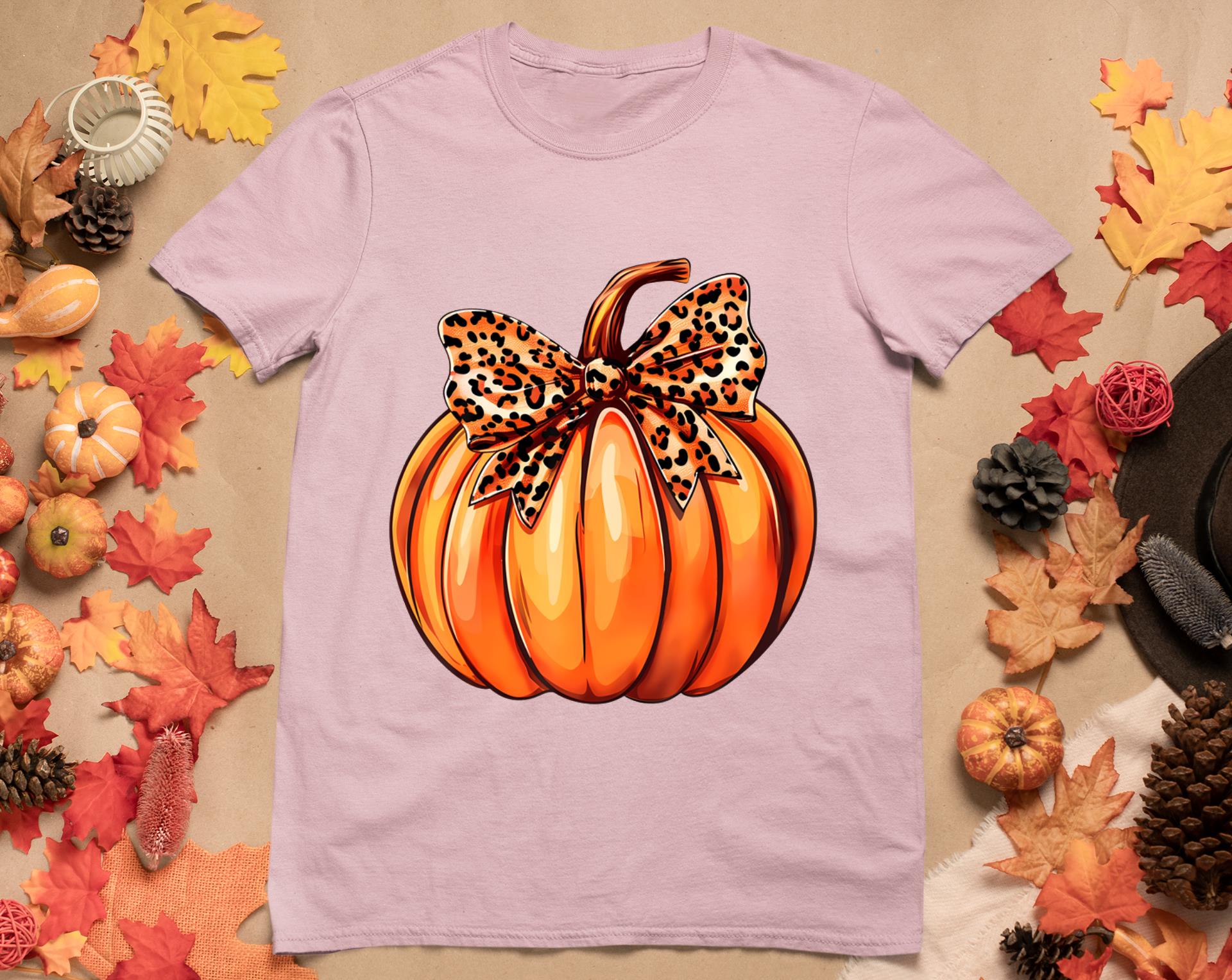 Coquette Bow Leopard Pumpkin Thanksgiving Rustic Fall Women T-Shirt