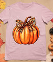 Coquette Bow Leopard Pumpkin Thanksgiving Rustic Fall Women T-Shirt