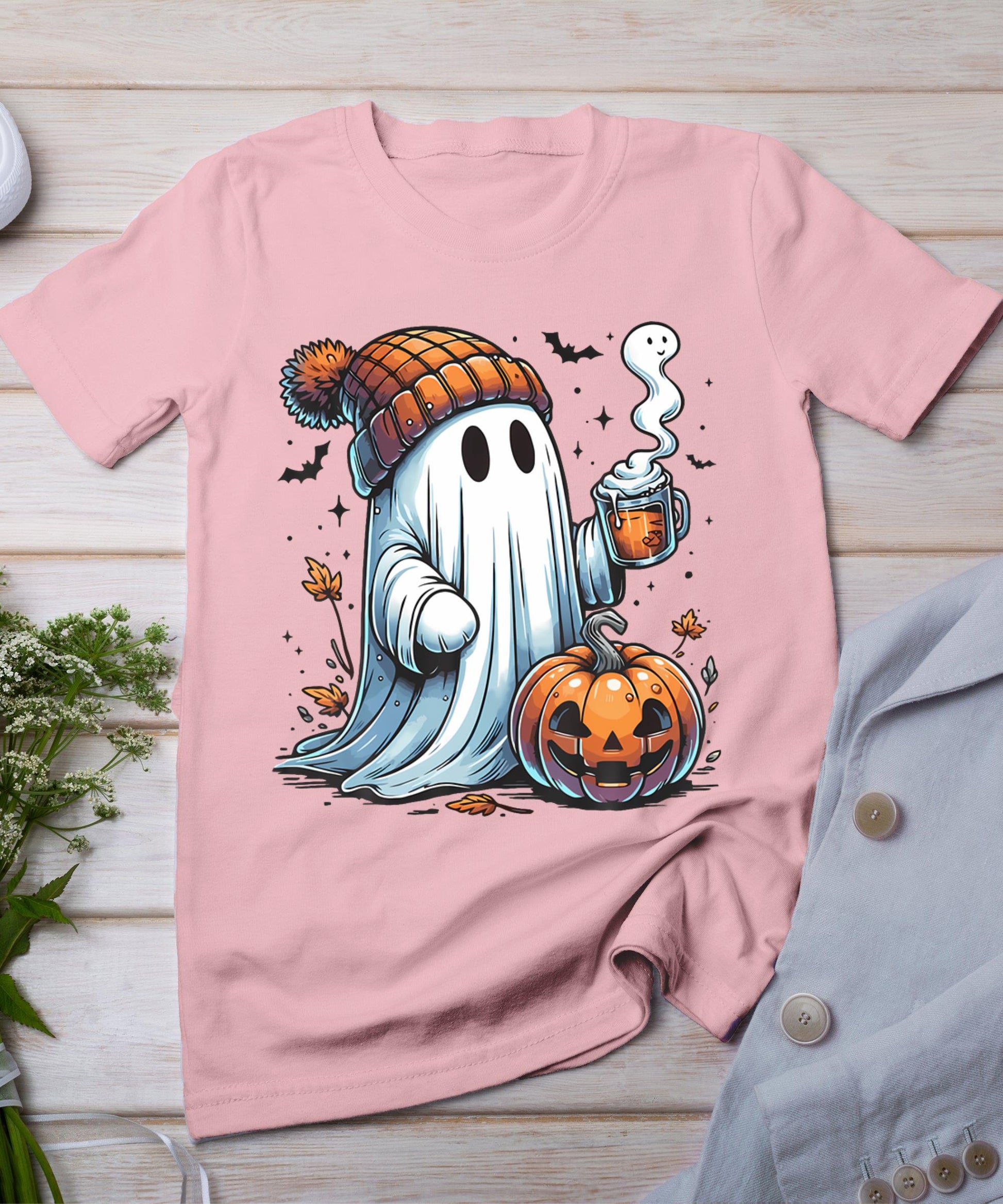 Cute Ghost Drinking Coffee Halloween Ghost Coffee Womens T-Shirt