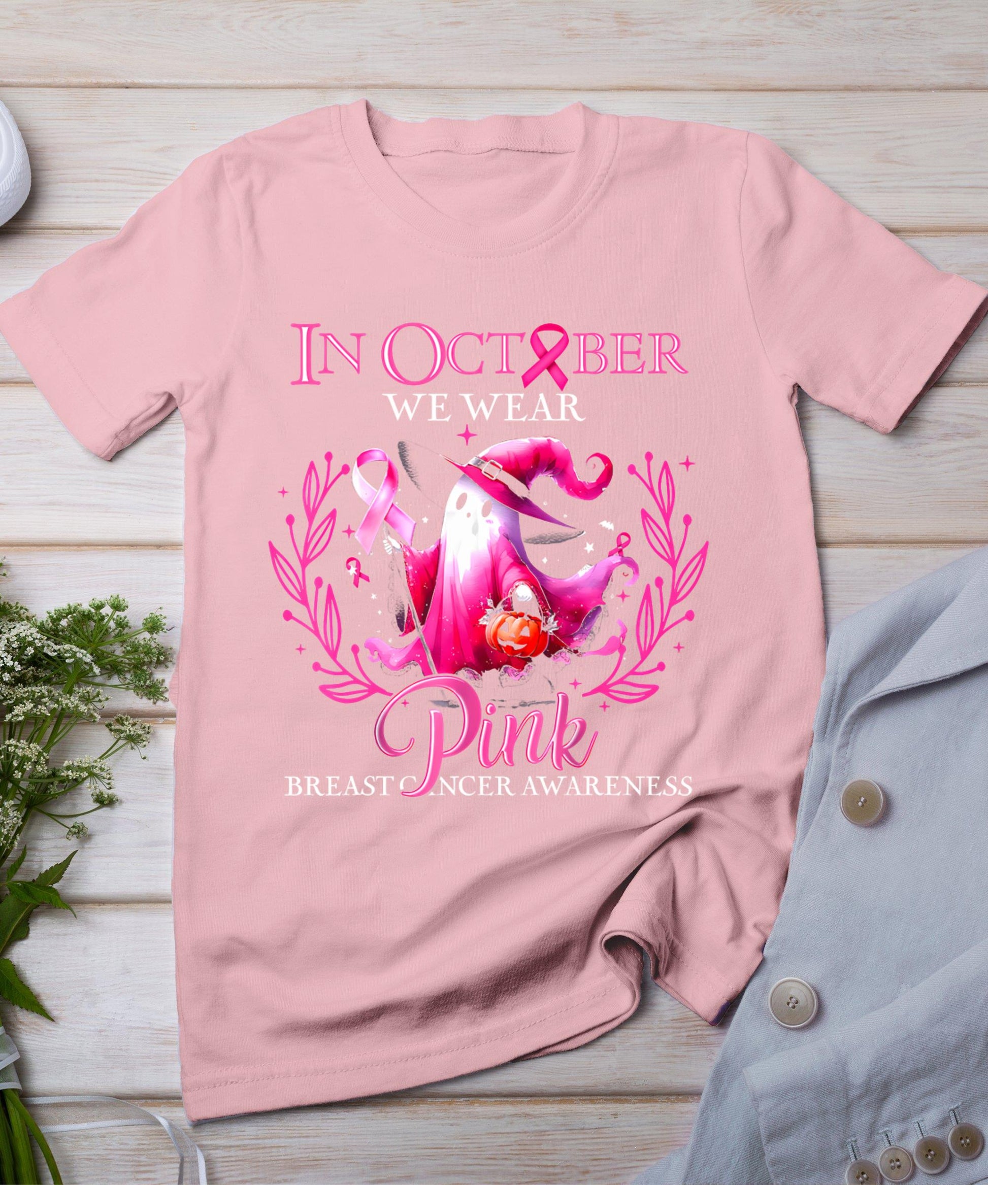 In October We Wear Pink Ghost Witch Breast Cancer Awareness T-Shirt