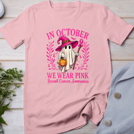 Breast Cancer Halloween in October We Wear Pink Ghost Witch T-Shirt
