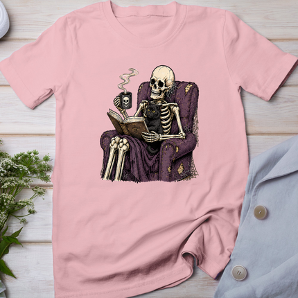 Skeleton Reading with Black Cat Funny Halloween Gothic T-Shirt