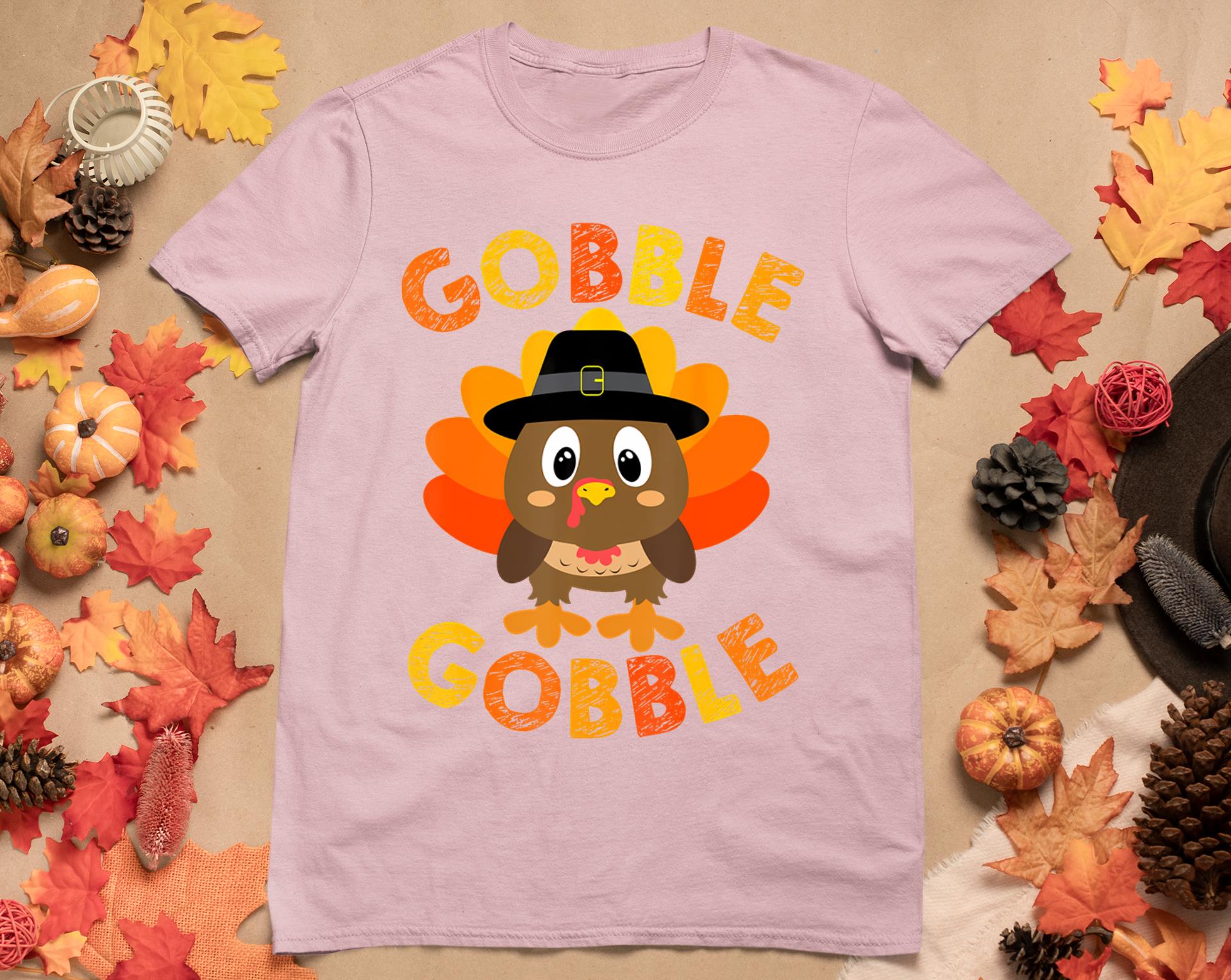 Cute Gobble Gobble Turkey Pilgrim Little Boys Thanksgiving T-Shirt