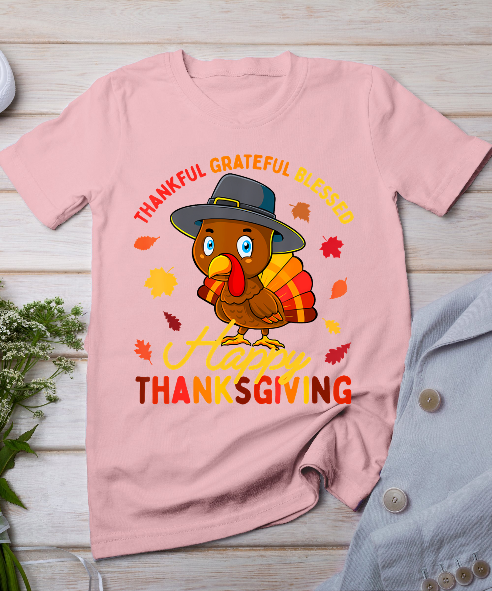 Thankful Grateful Blessed Thanksgiving Turkey Women Girls T-Shirt