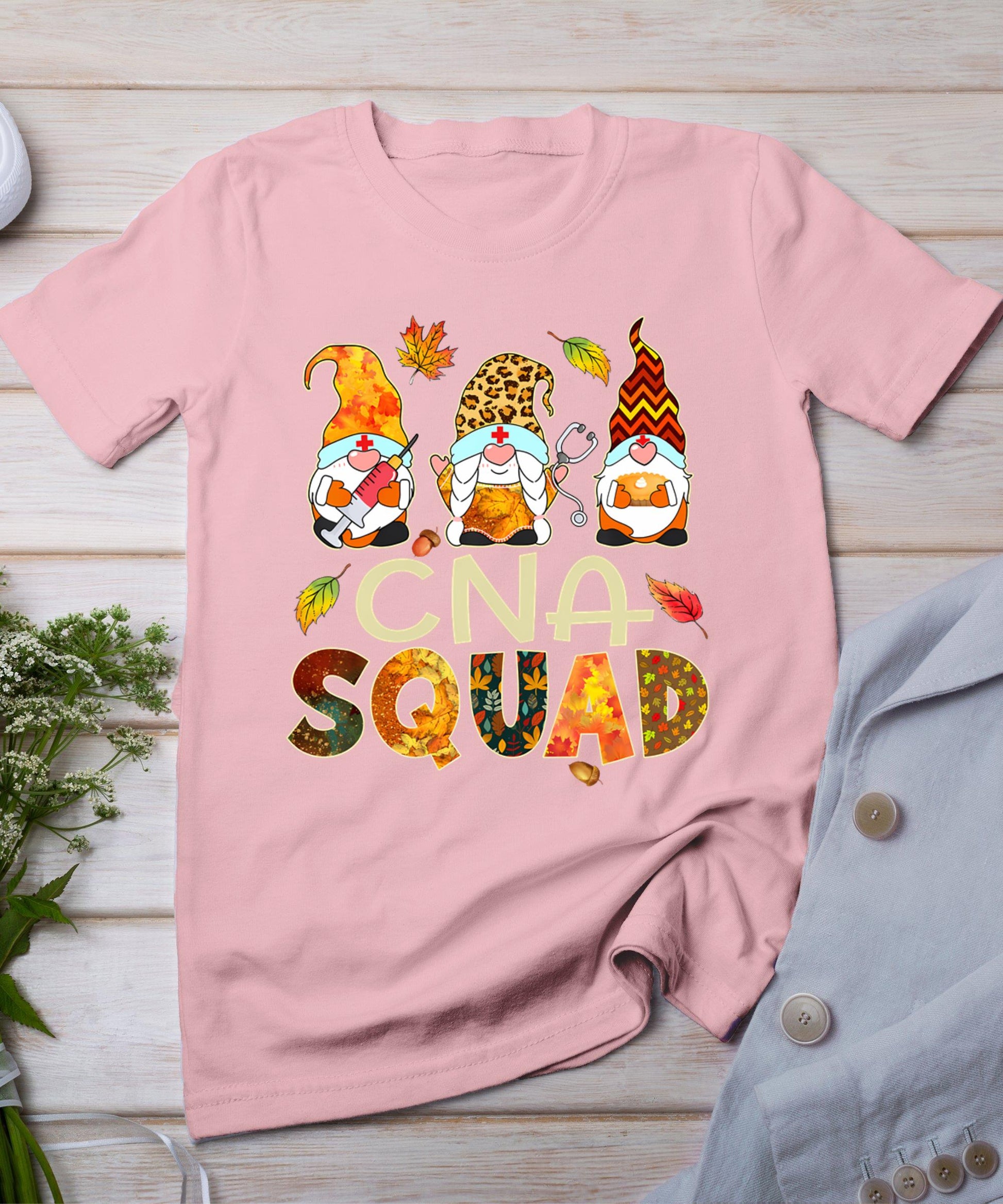 Cna Squad Gnome Nurse Leopard Thanksgiving Fall Stethoscope T-Shirt