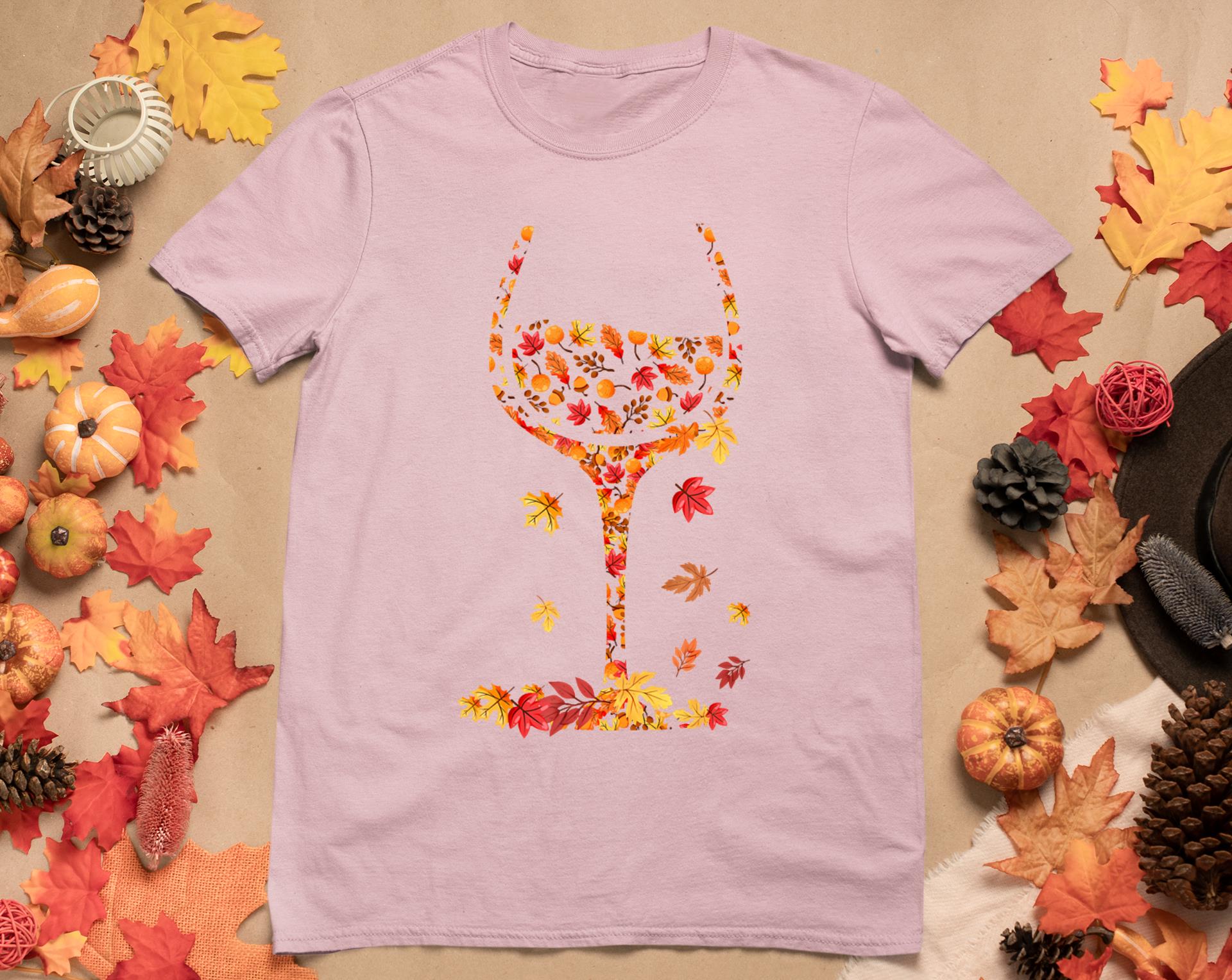 Glass Of Wine Maple Leaf Autumn Fall Funny Drink Wine Lovers T-Shirt