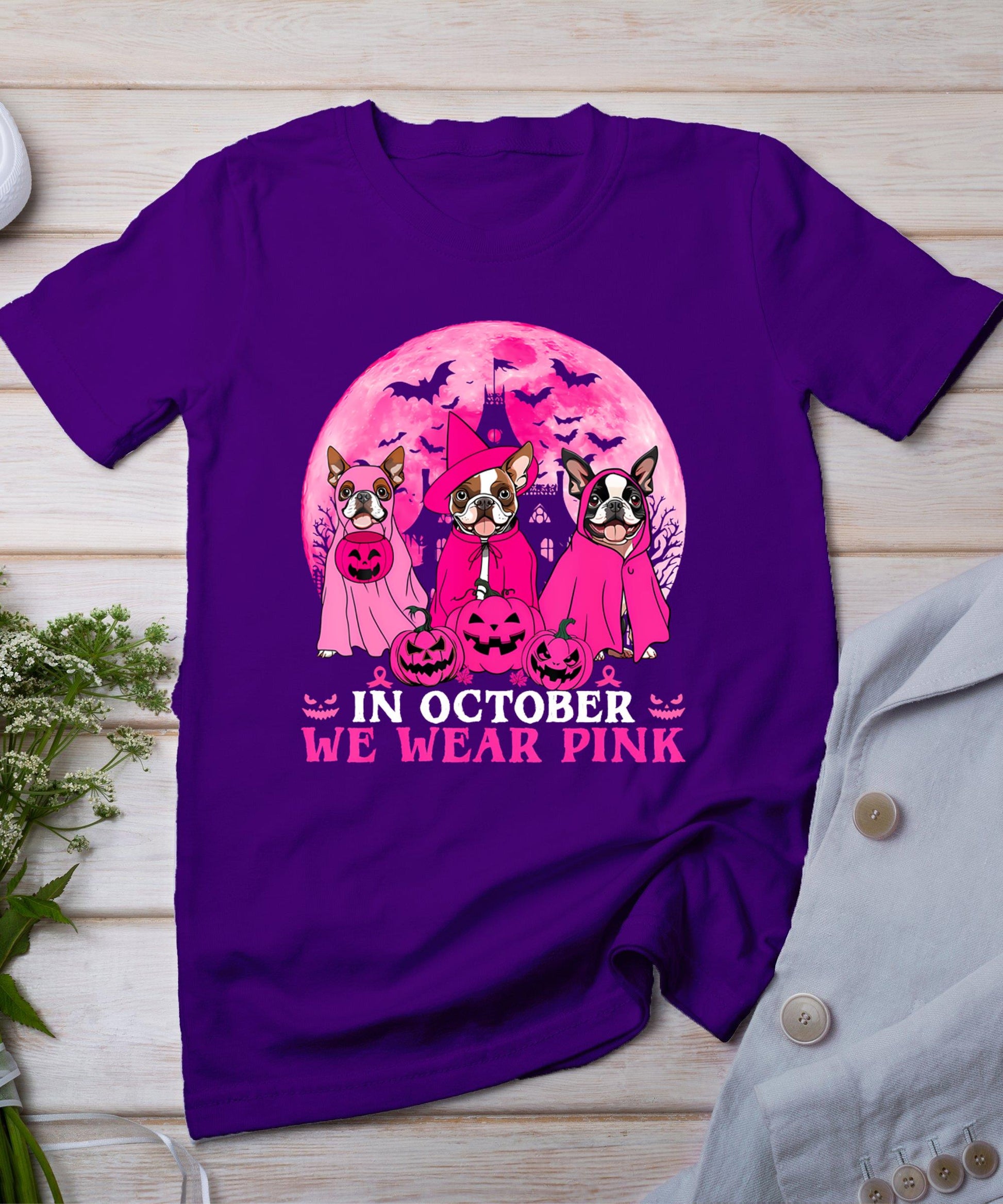 Ghost And Witch Boston Terrier Dog In October We Wear Pink T-Shirt