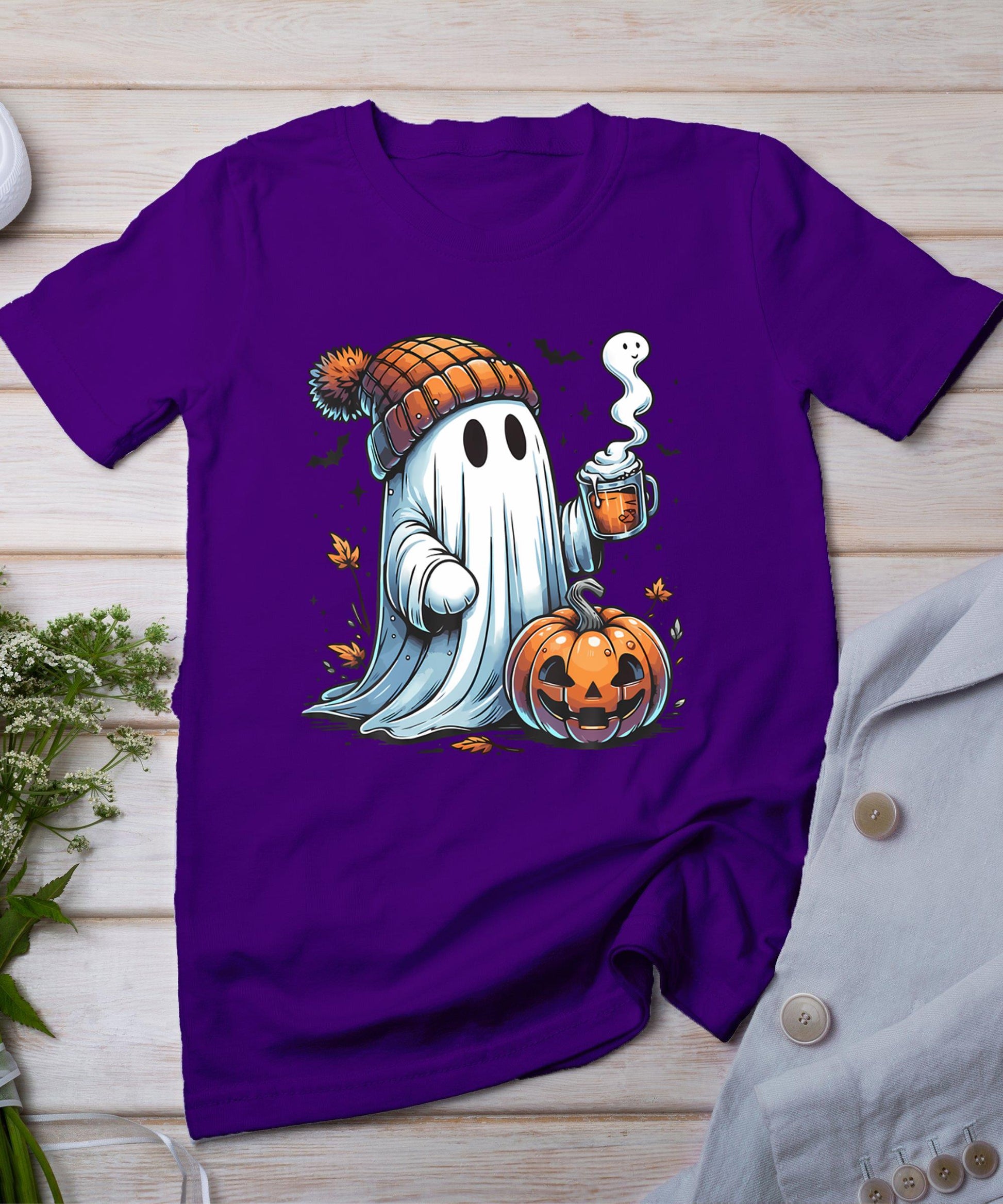 Cute Ghost Drinking Coffee Halloween Ghost Coffee Womens T-Shirt