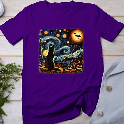 Halloween Van Gogh Starry Night Black Cat Pumpkins Bats T-Shirt