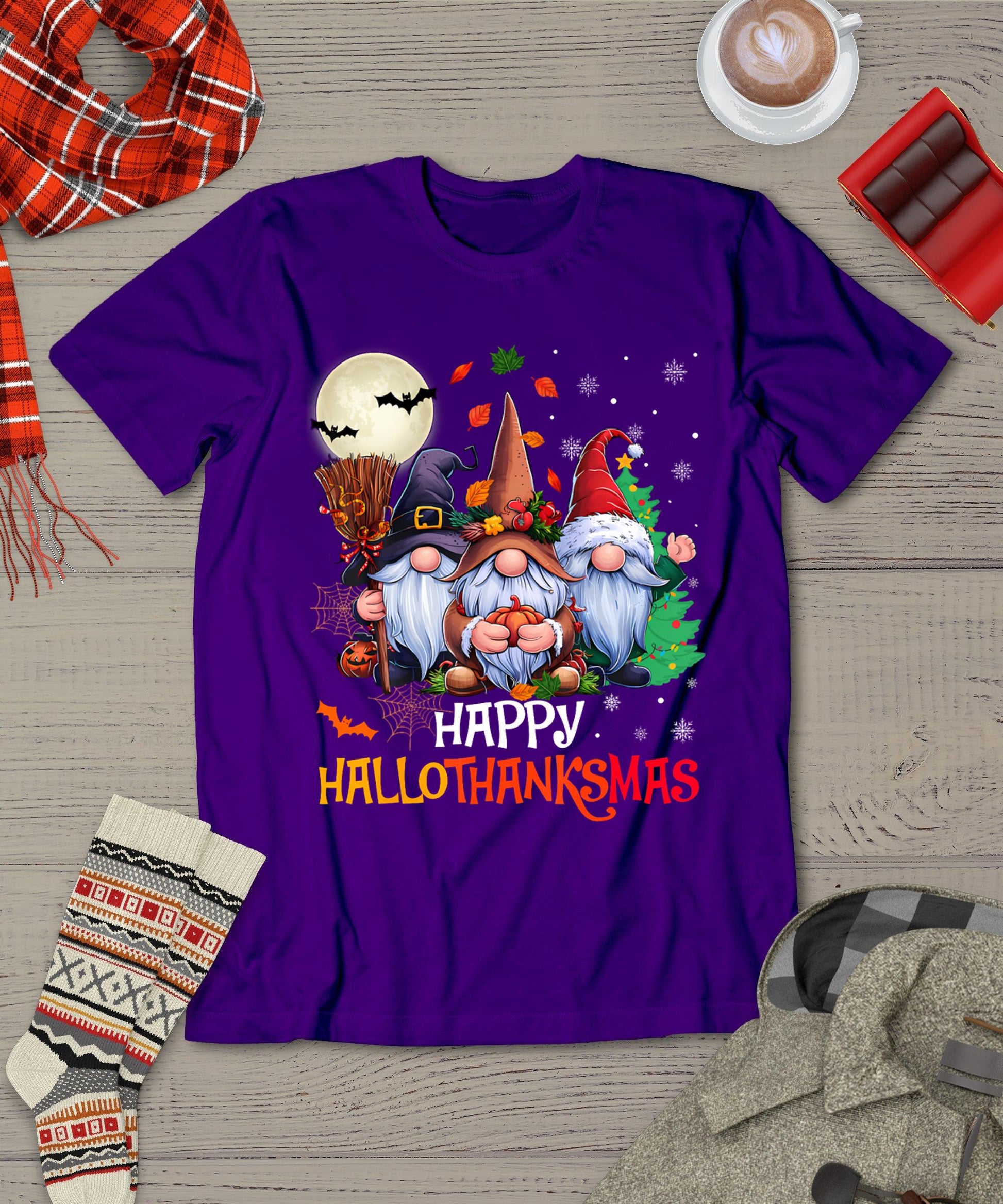 Happy Hallothanksmas Gnomes Lover Halloween Merry Christmas T-Shirt