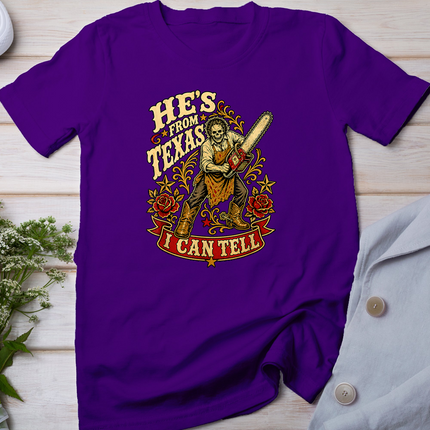 Hes from Texas I Can Tell Horror Skeleton Cowboy Halloween T-Shirt
