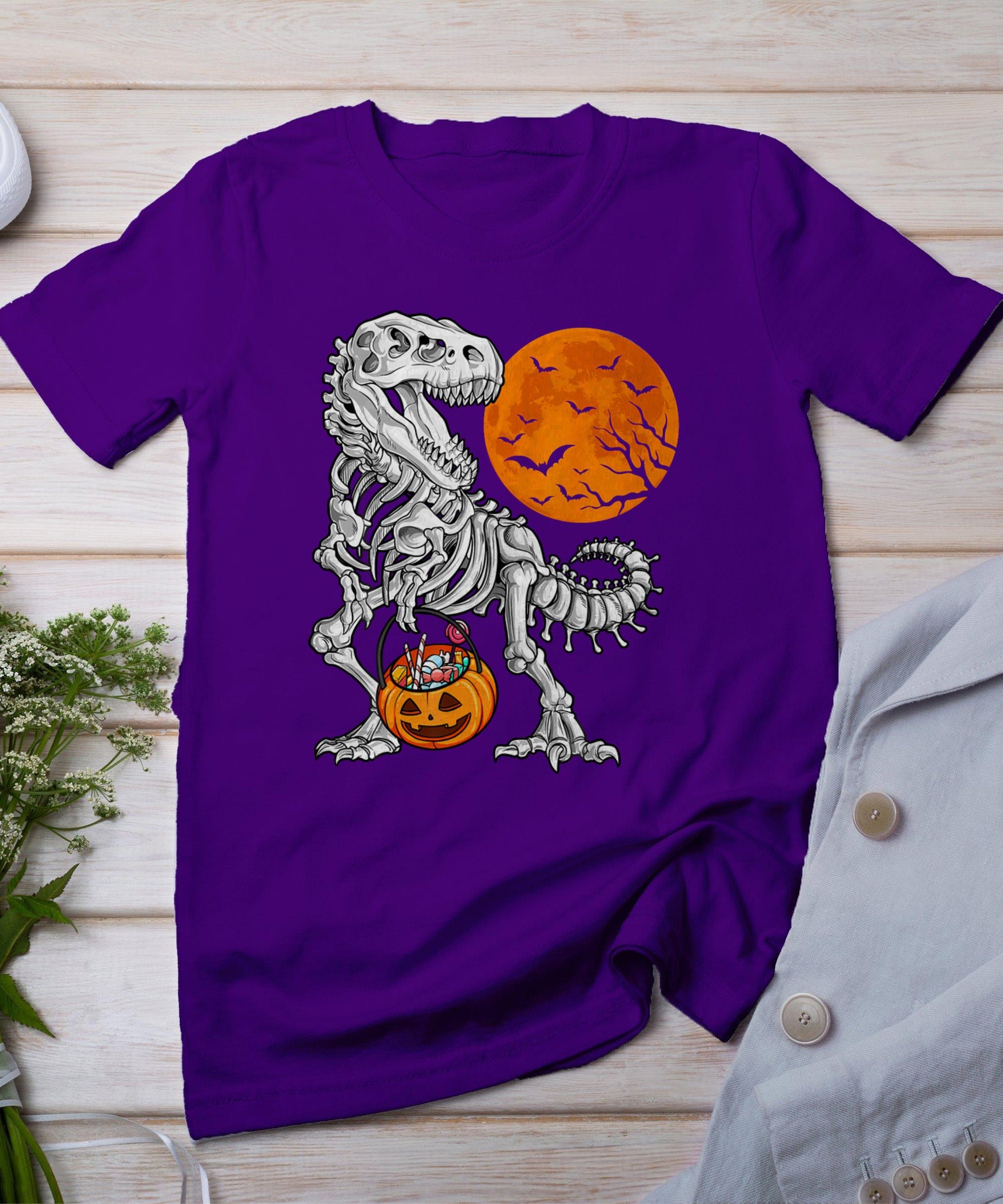 Halloween Dinosaur Skeleton T Rex Scary Pumpkin Moon T-Shirt