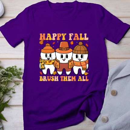 Happy Fall Brush Them All Teeth Thanksgiving Dental Dentist T-Shirt