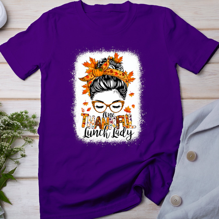 One Thankful Lunch Lady Messy Bun Thanksgiving Lunch Lady T-Shirt