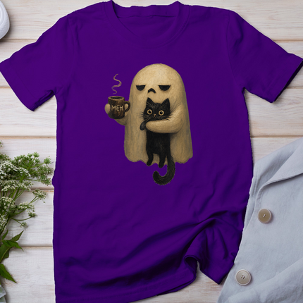 Spooky Ghost Holding Black Cat Coffee Lover Funny Halloween T-Shirt