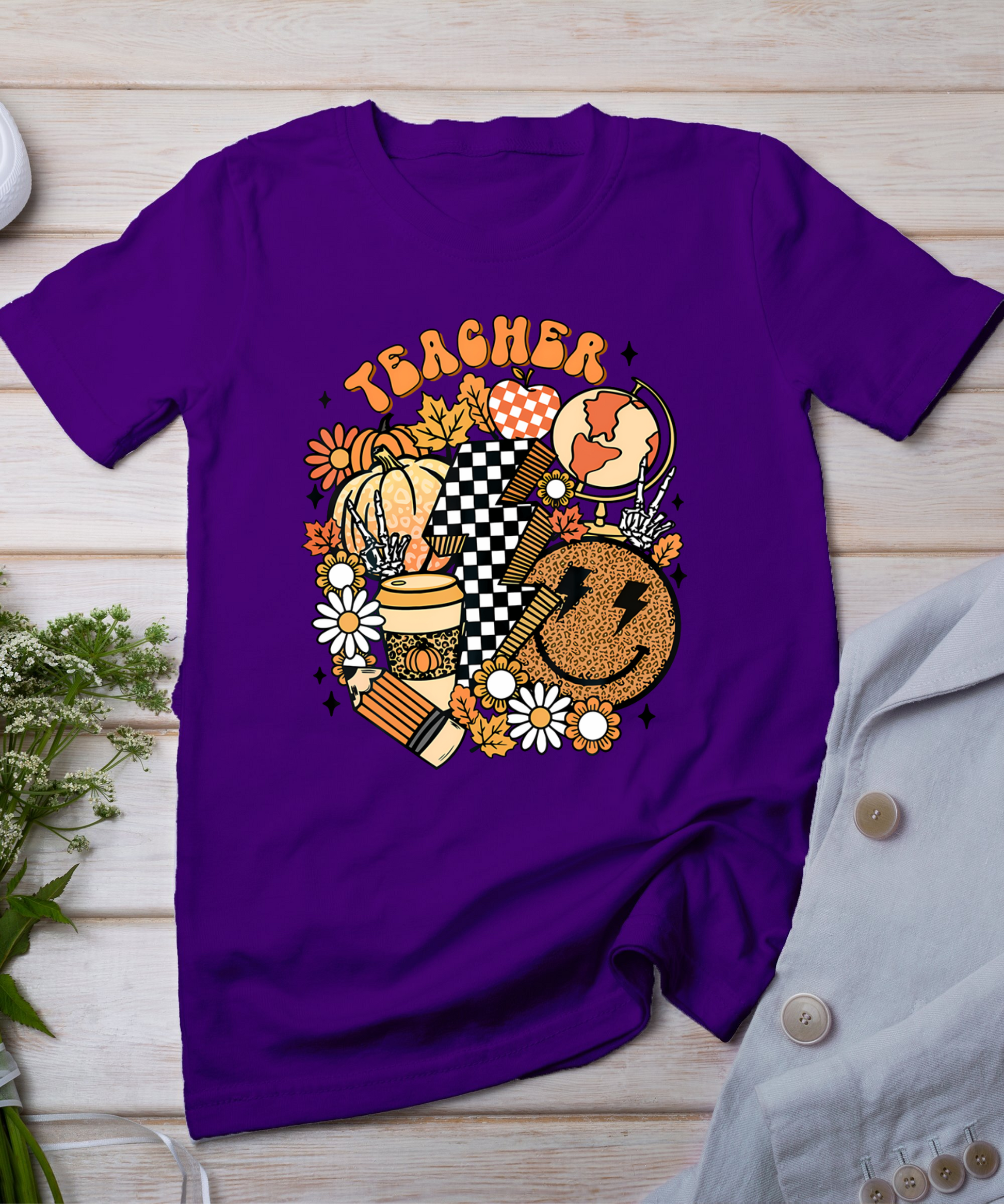 Fall Teacher Retro Teacher Life Autumn Thanksgiving Womens T-Shirt