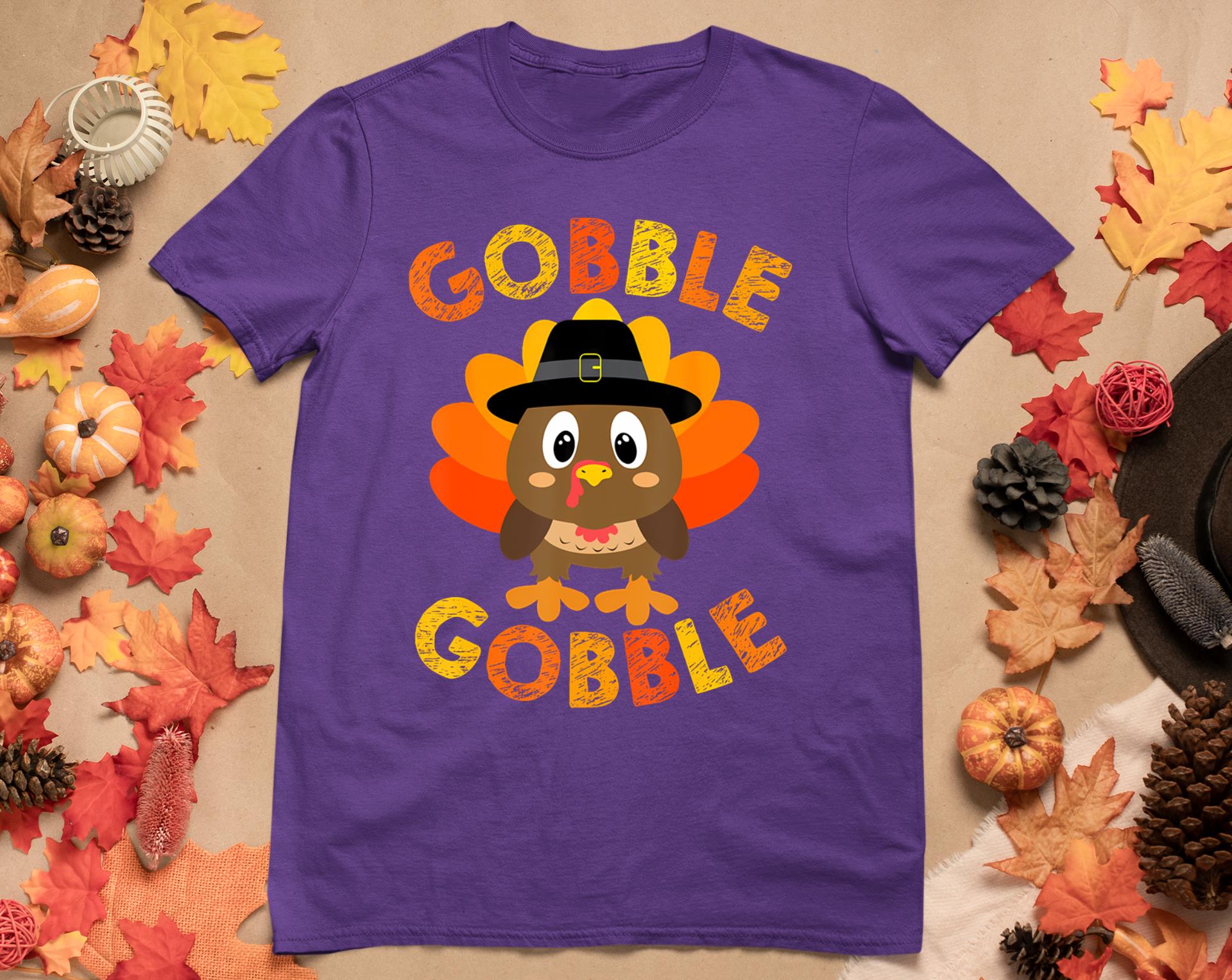 Cute Gobble Gobble Turkey Pilgrim Little Boys Thanksgiving T-Shirt