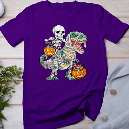 Skeleton Riding Mummy Dinosaur T Rex Halloween Funny Pumpkin T-Shirt