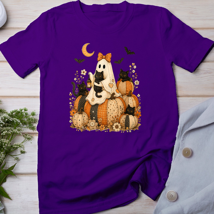 Cute Halloween Ghost Black Cat Pumpkin Patchwork Cat Mom T-Shirt