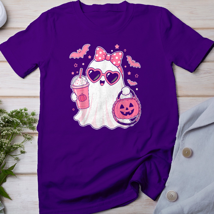 Pink Halloween Ghost Pumpkin Coffee Spooky Women Girls T-Shirt