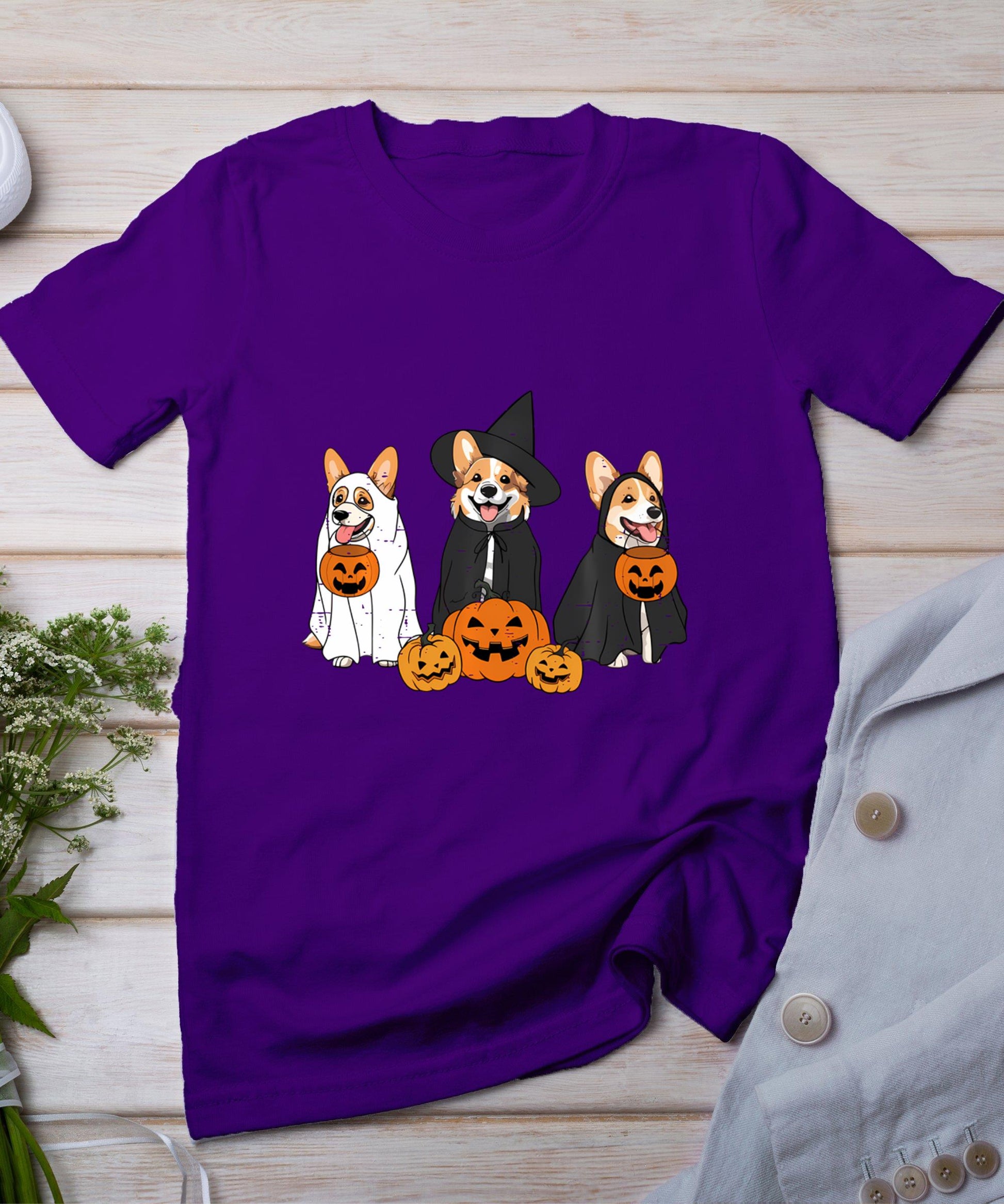 Retro Funny Ghost And Witch Corgi Dog Pumpkin Halloween Cute T-Shirt