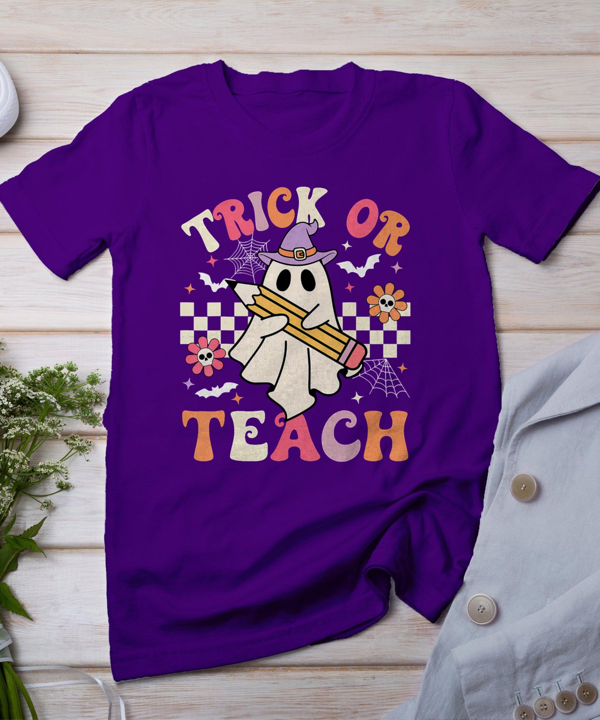 Trick Or Teach Groovy Teacher Halloween Retro Floral Ghost T-Shirt