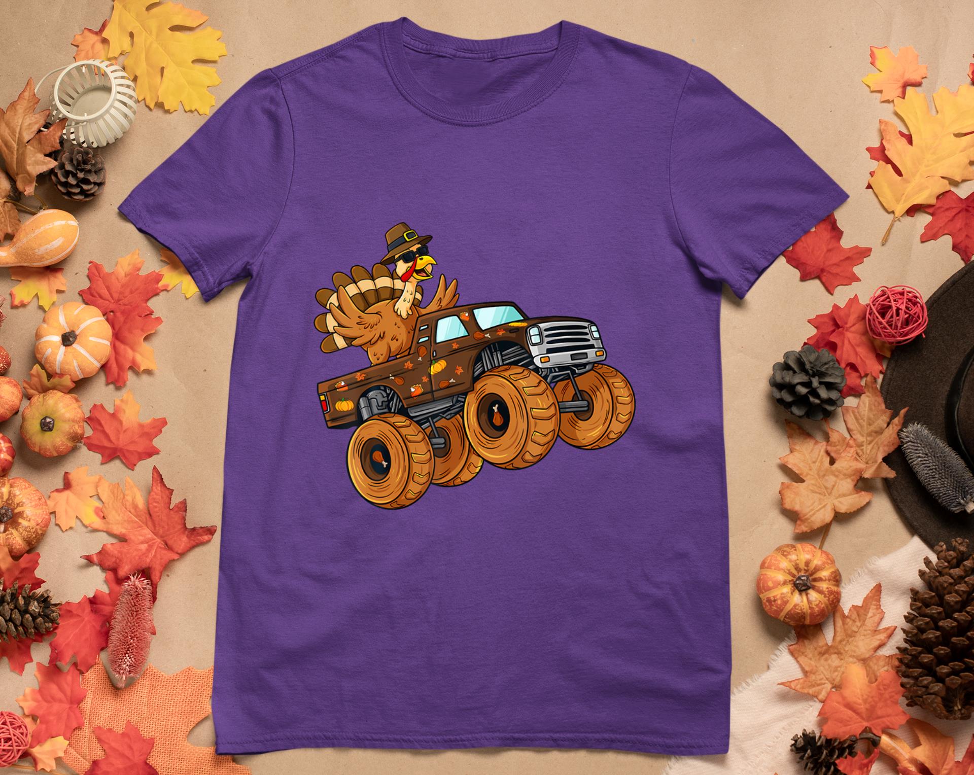 Thanksgiving Turkey Riding Monster Truck Boys Kids T-Shirt