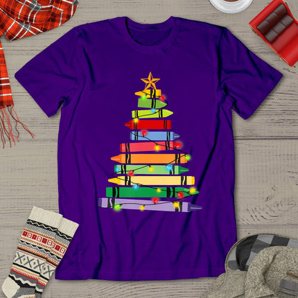 Teacher Christmas Tshirt Crayon Tree Light Gifts Student T-Shirt
