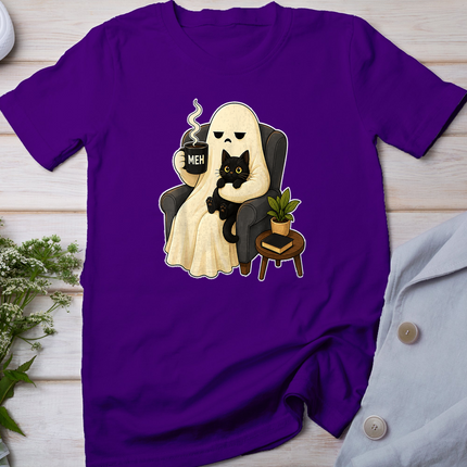 Meh Grumpy Ghost Holding Coffee Mug and Black Cat Halloween T-Shirt