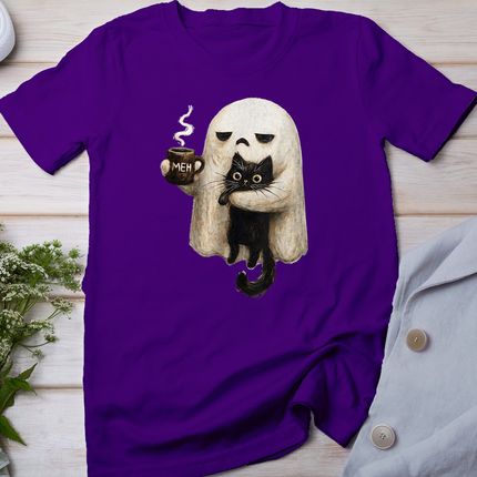 Retro Funny Boo JEE Ghost Holding Black Cat Cozy Hot Latte T-Shirt